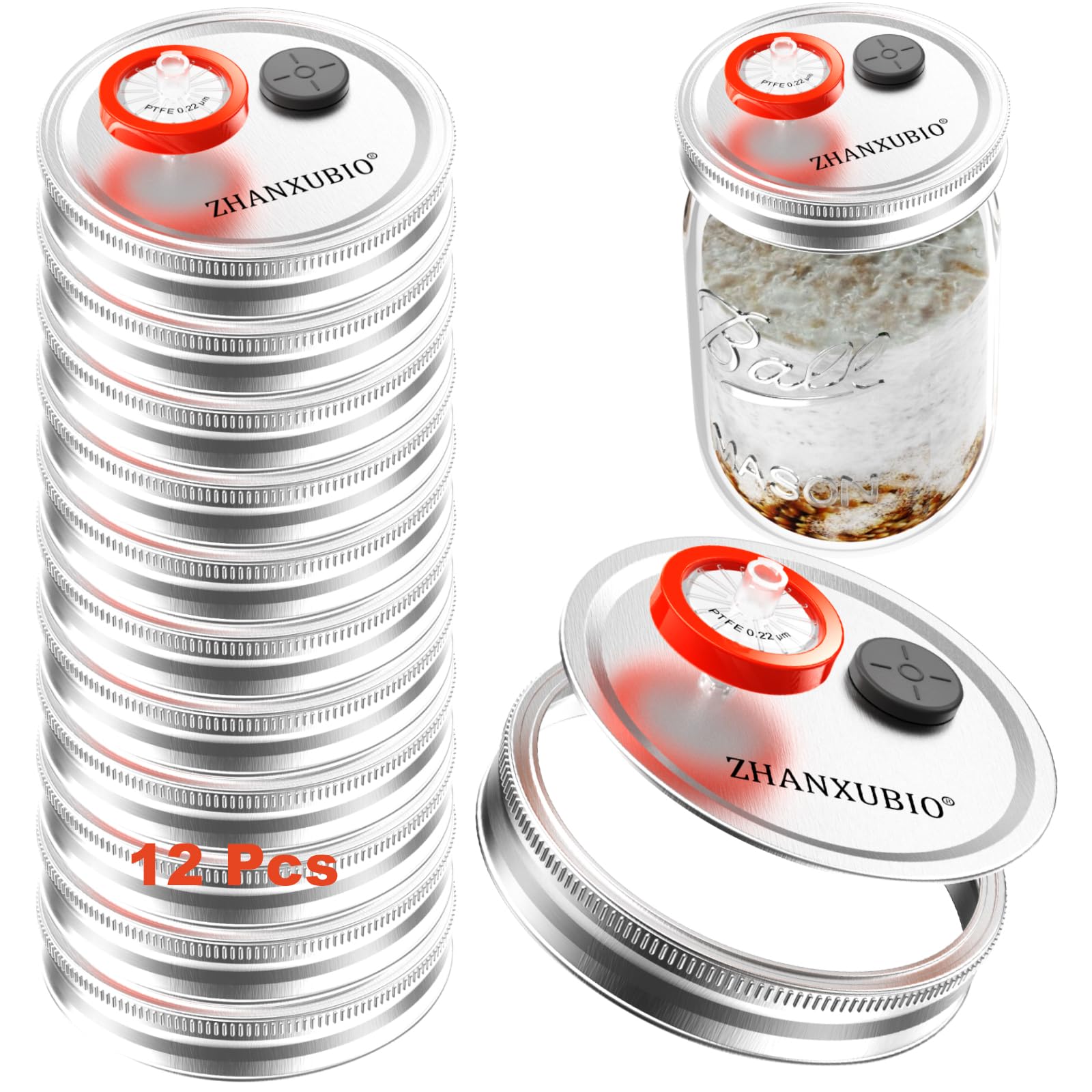 Coperchio per la coltivazione di funghi a bocca larga con filtro a membrana in PTFE e fori di iniezione autosigillanti (12 pezzi, argento, bottiglia non inclusa)