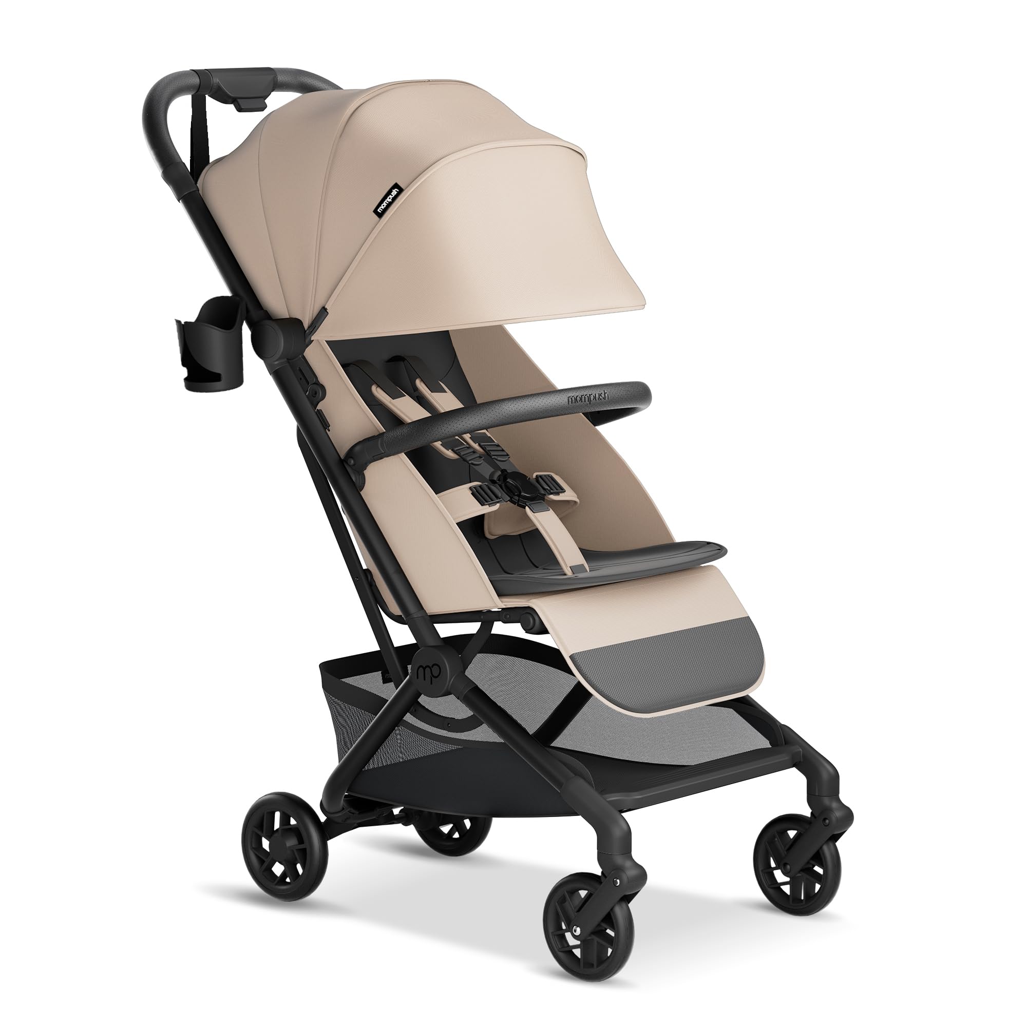 Mompush Velo Lightweight Travel Stroller – One-Hand Fold, Ultra-Compact & Airplane Friendly, Lie-Flat Recline Seat (from Birth to 50 lbs), Includes Cup Holder, Shoulder Strap, and Leather Bumper Bar