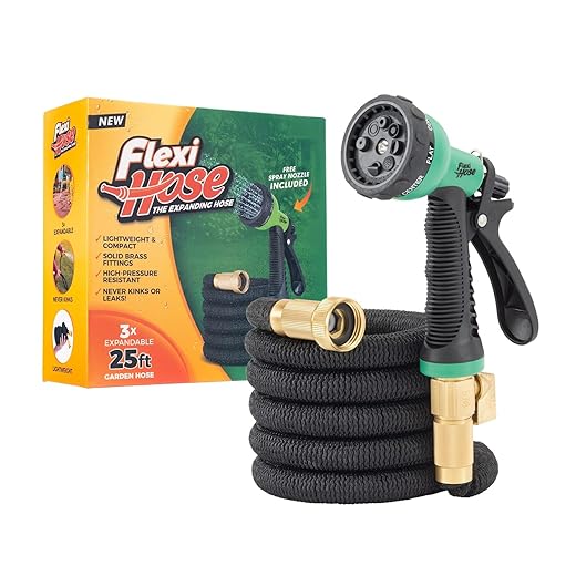 Flexi Hose with 8 Function Nozzle Expandable Garden Hose, Lightweight & No-Kink Flexible Garden Hose, 3/4 inch Solid Brass Fittings and Double Latex Core, 50 ft Black