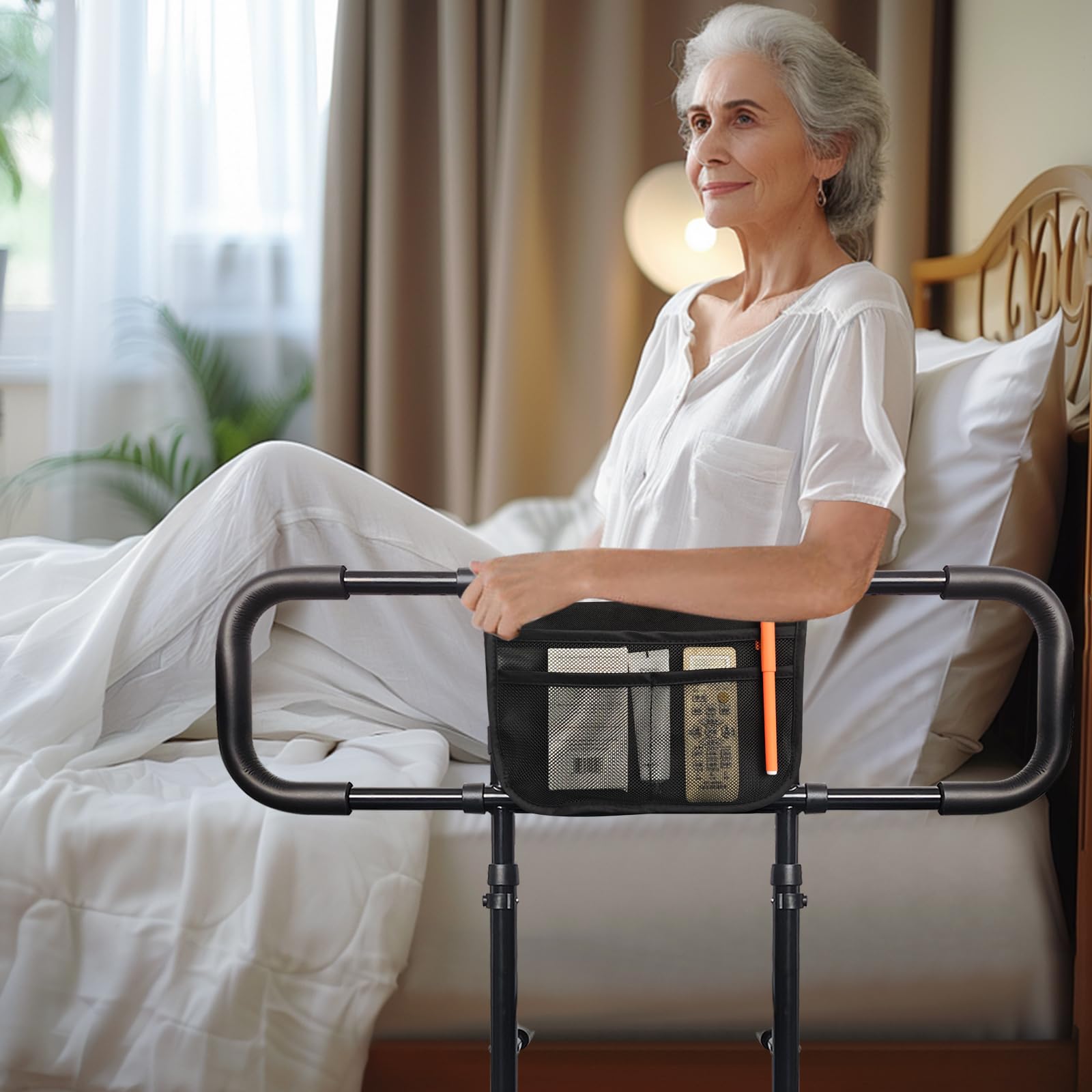 AOHHL Bed Rails for Elderly Adults Safety with Adjustable Heights Storage Pocket Assist Support Side Railings for Seniors Citizens Slides Under