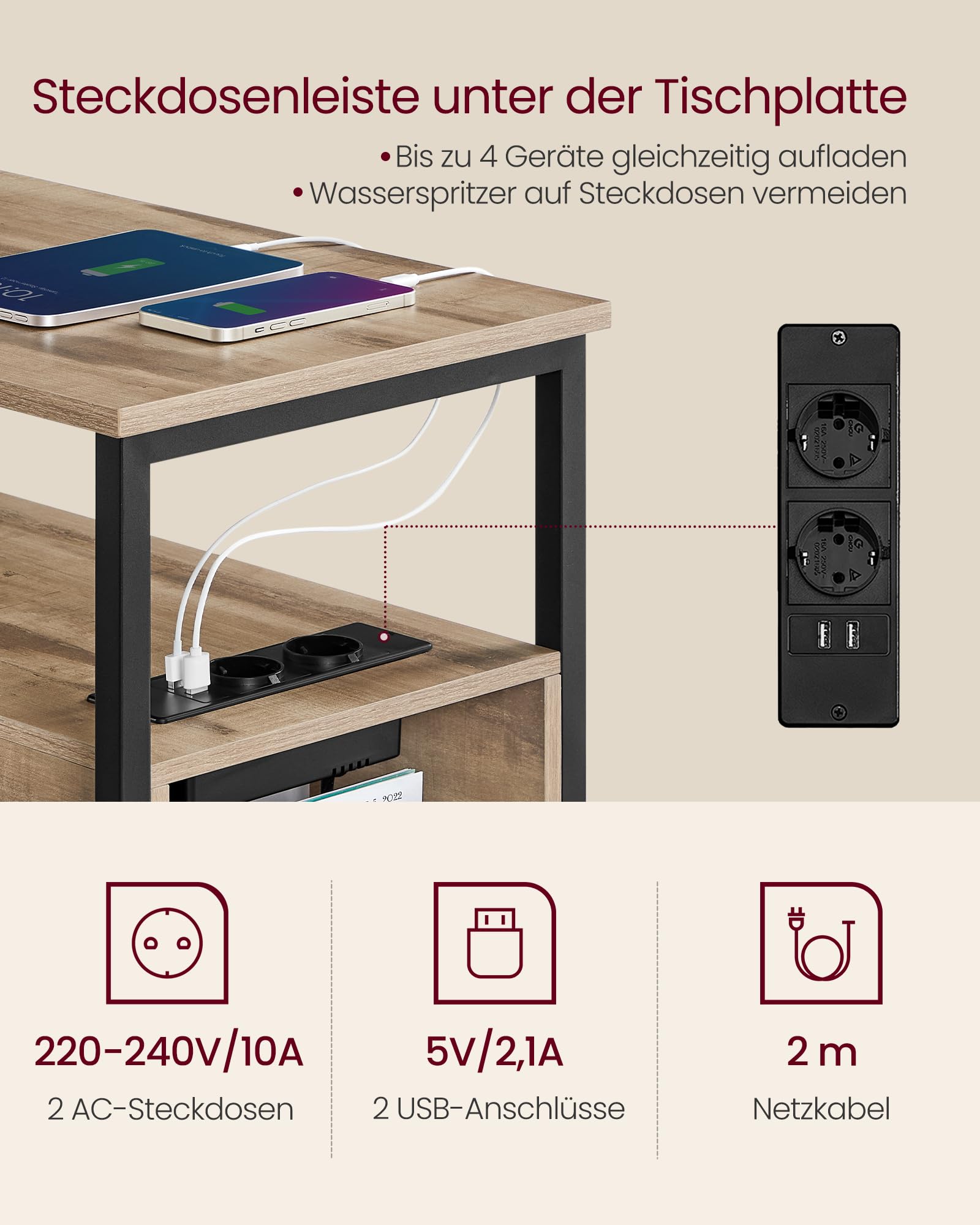 VASAGLE Beistelltisch, Nachttisch mit Steckdosenleiste, 2 Schubladen, Sofatisch, Nachtschrank für Wohnzimmer, Schlafzimmer, Kamelbraun-tintenschwarz LET325K01