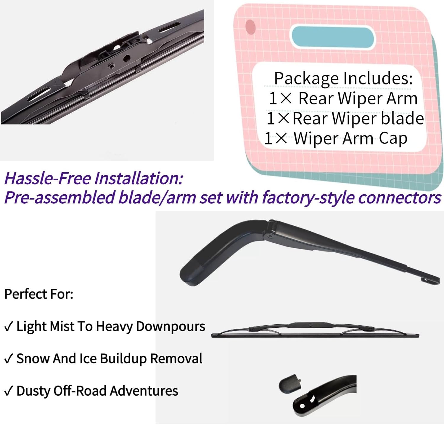 Rear Wiper Blade & Arm Replacement for Honda CRZ CR-Z HYBRID Hatchback 2011-2016 2015 2014 2013 2012 OEM Fit for Base, EX, EX-L, LX Models - All-Weather All Season Rear Back Windshield Wiper Blade Set