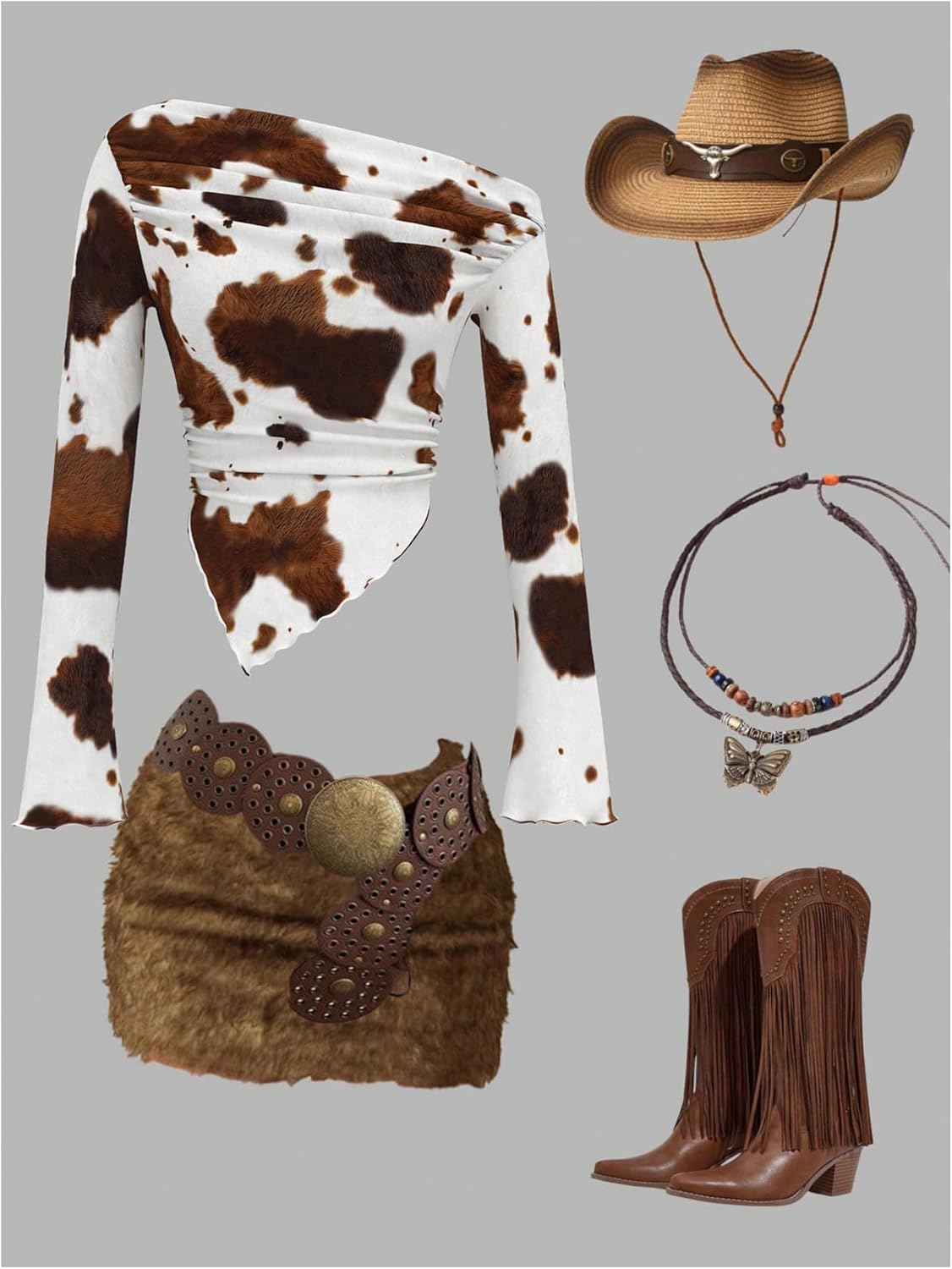 WDIRARA Women's Cow Print One Shoulder T Shirt Y2k Long Bell Sleeve Tees Ruched Asymmetrical Crop Tops - Image 5