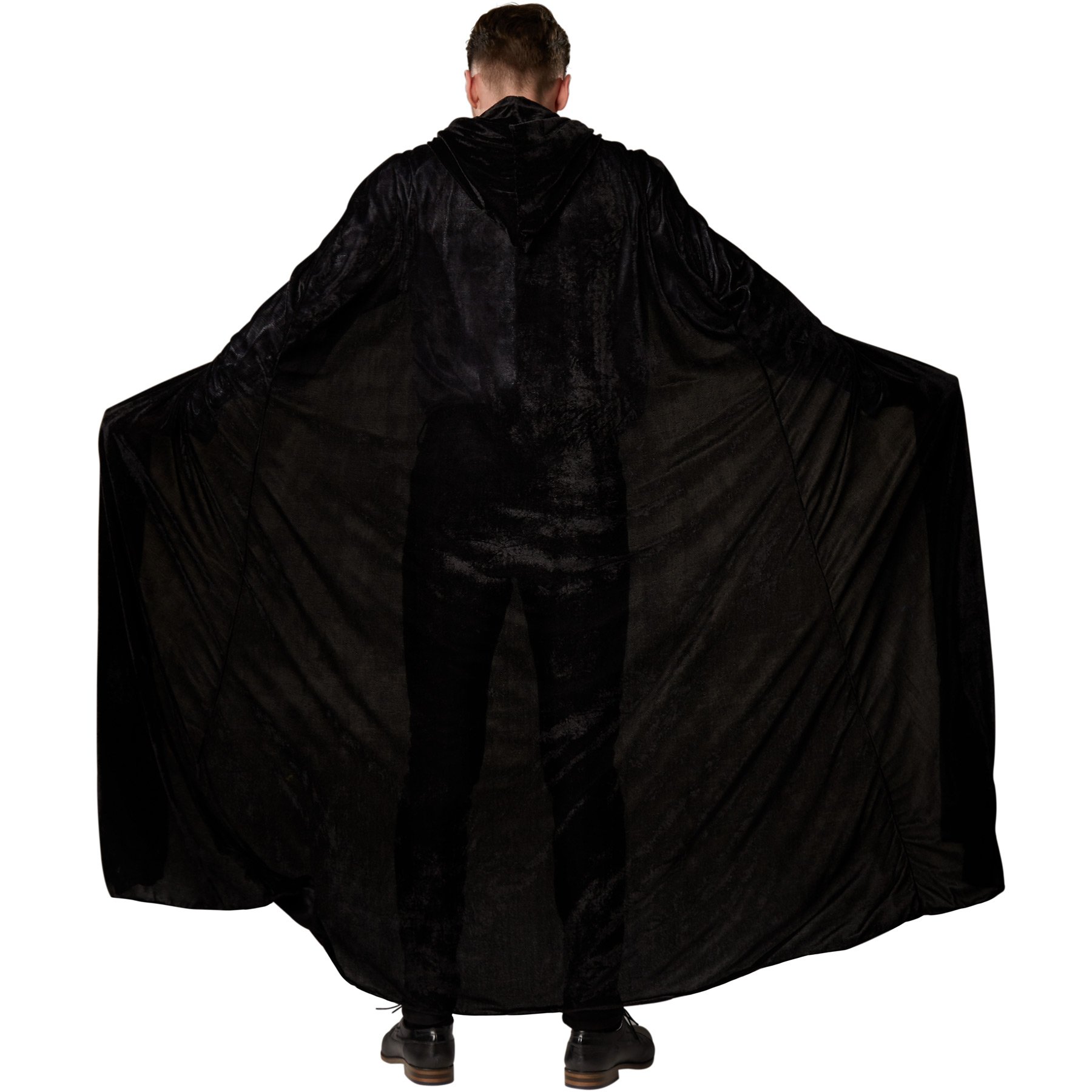 Dressforfun Cape De Velours à Capuche | Unisexe | Cape Sans Manches à Fermeture à Scratch | Tissu Fin Et Scintillant (Noir | 116 Cm | No. 301862