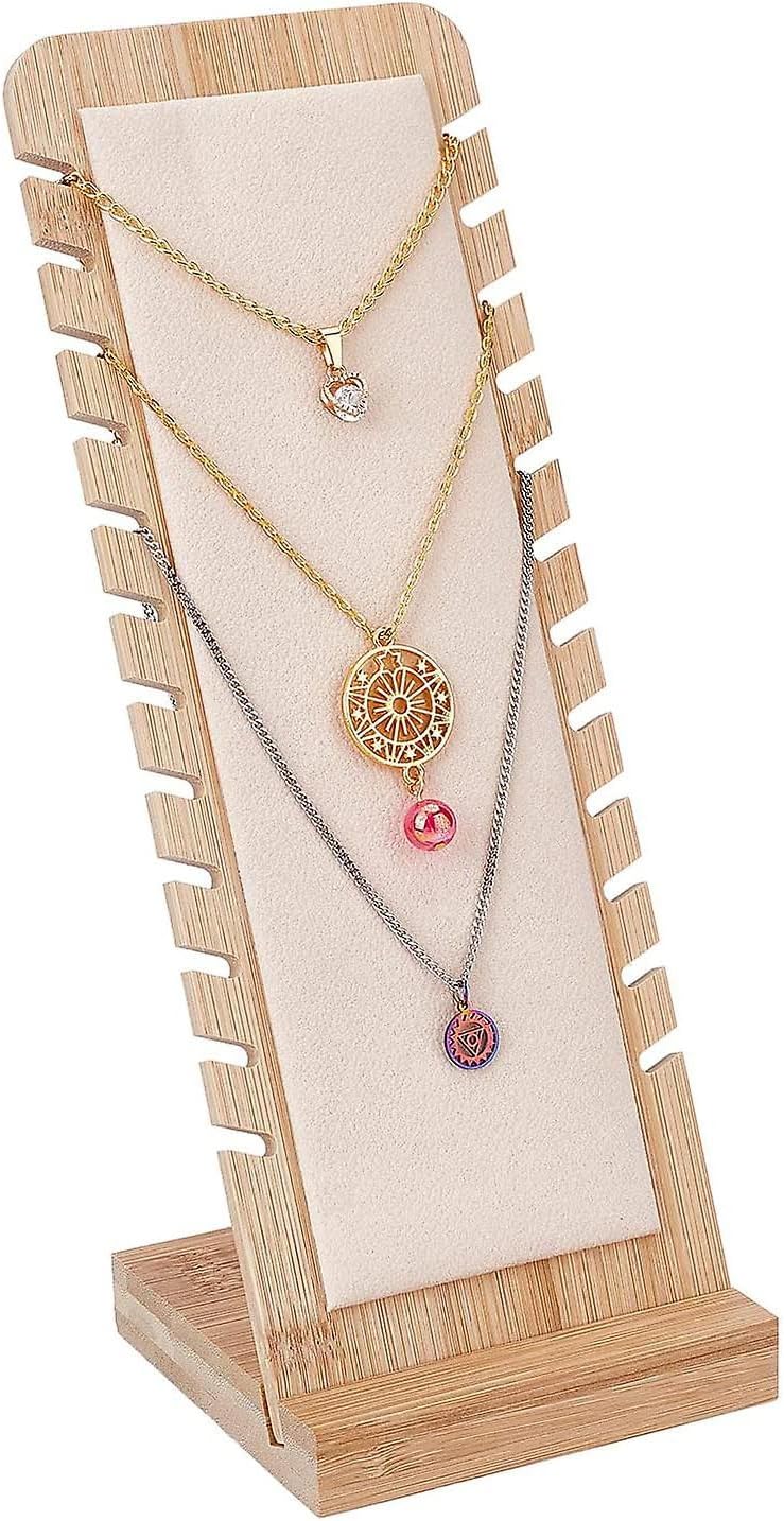 Wooden Necklace Display Stand Organiser 12 Slots for Retail Jewellery Photography Prop (Beige 1 Pc)