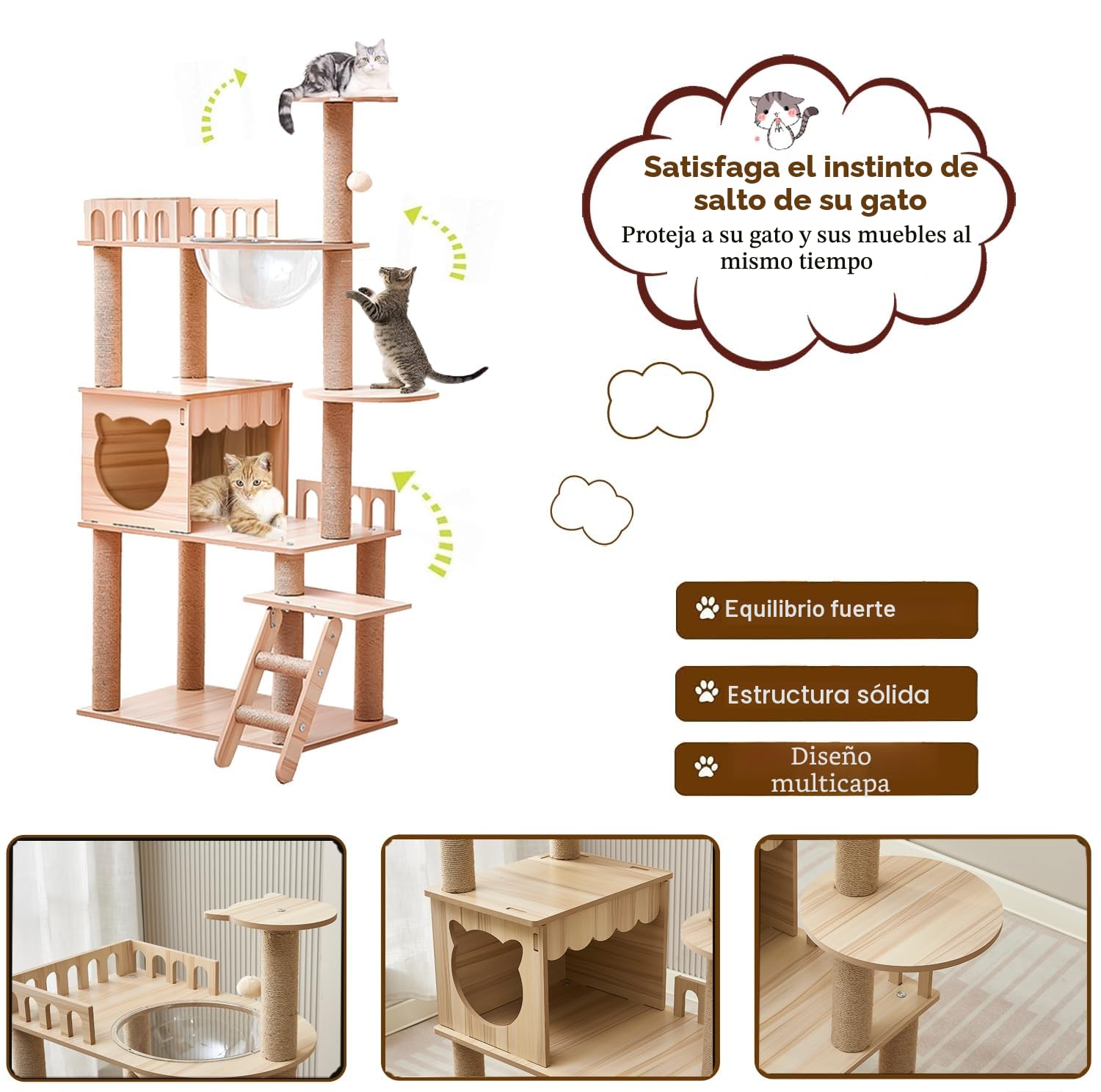 Rascador de Madera de 135 cm, Grande, Estable, Moderno, con condominio, Escalera, Cuenco, 9 Bolas de Juguete de sisal, rascador para Gatos Grandes (KT-022)