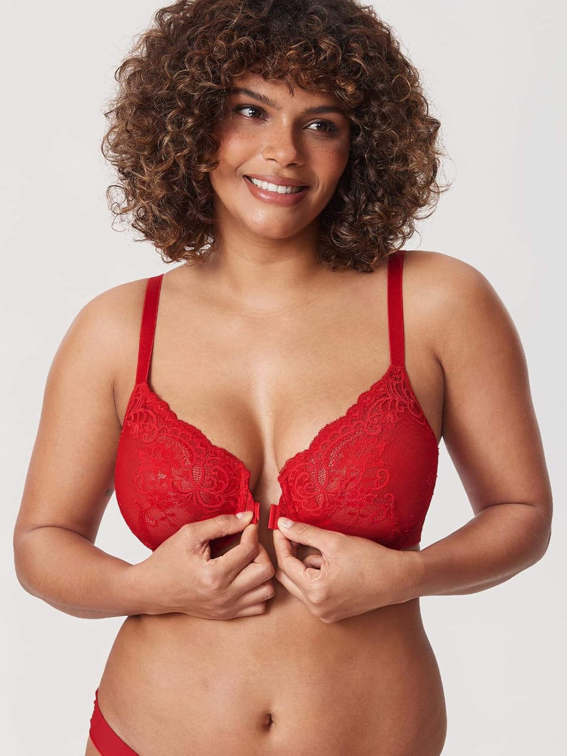 DELIMIRA Women's Front Closure Lace Underwire Sheer Bras Plus Size Full Coverage Sexy Plunge Unlined Bra - Image 3