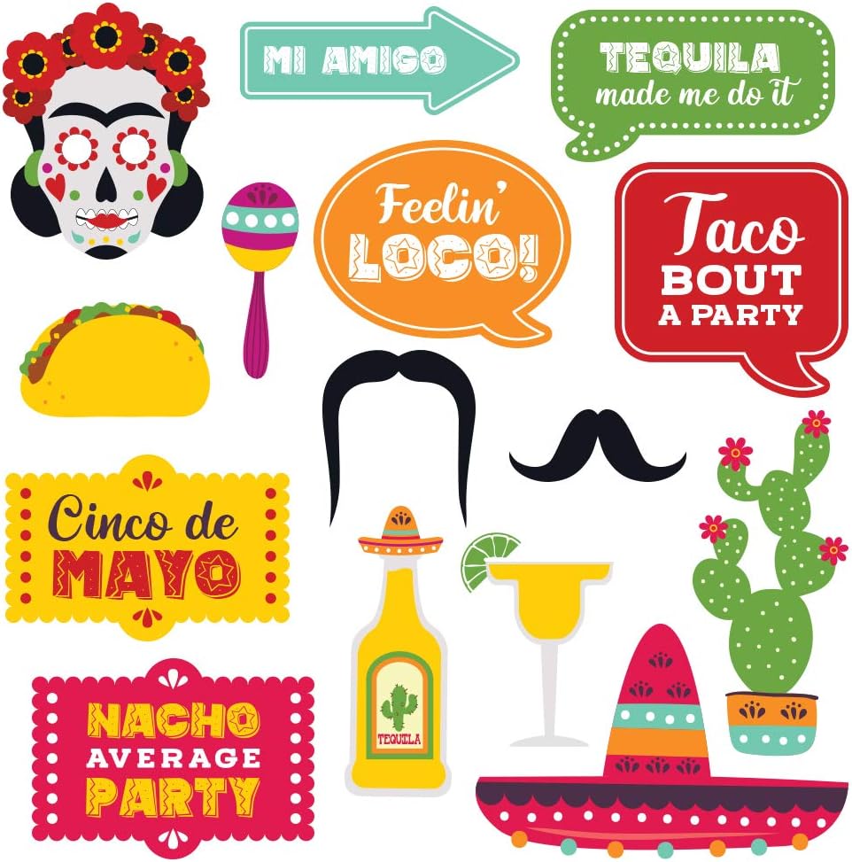 Fully Assembled Cinco De Mayo Photo Booth Props. 30 Piece Box Set of Mexican Fiesta, Taco Party Decorations Kit. Colorful Selfie Party Supplies. Original Fiesta Designs - Did we Mention no DIY?
