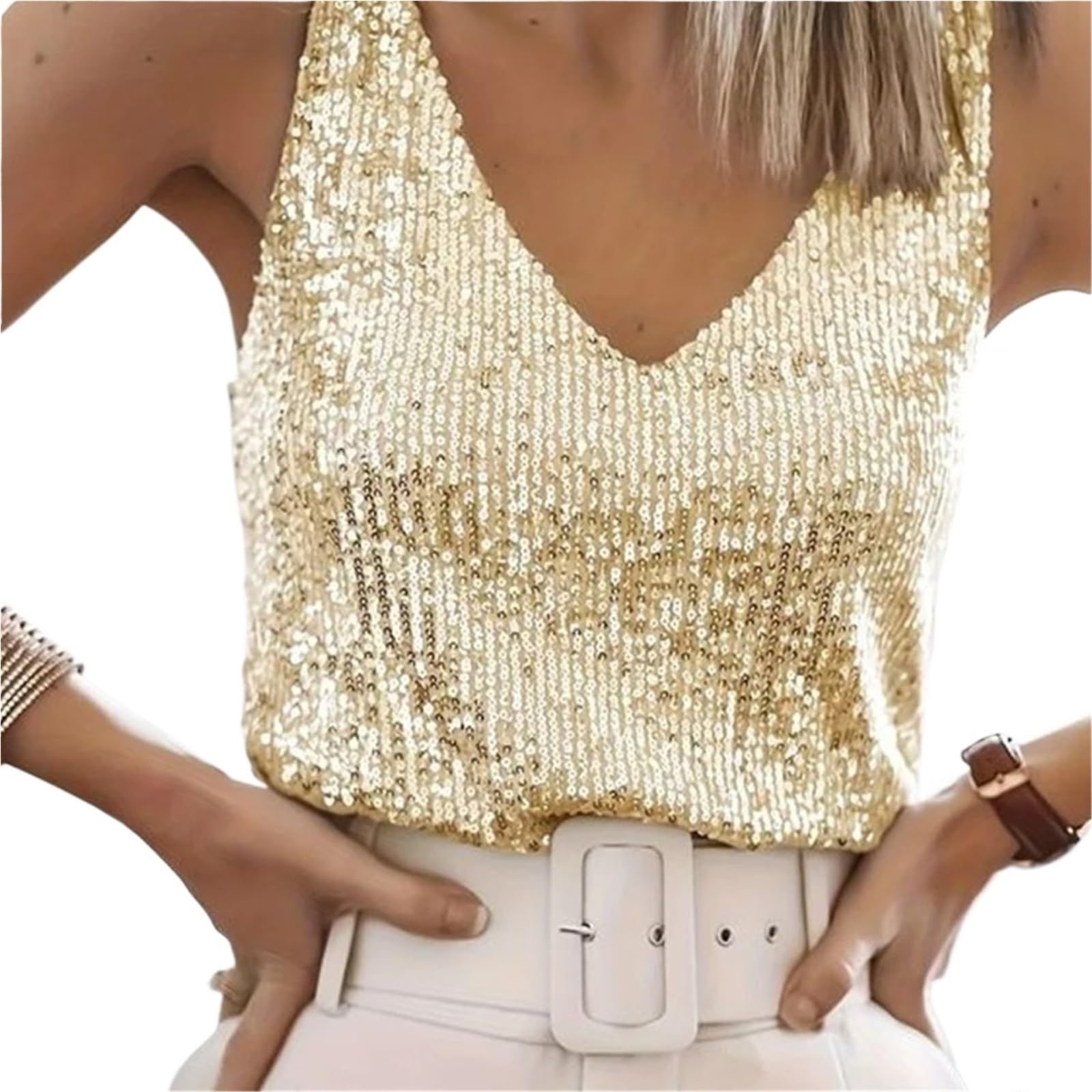 Top con Paillettes Gilet Sexy con Scollo a V e Paillettes, da Donna, Estivo, Leggero e maturo