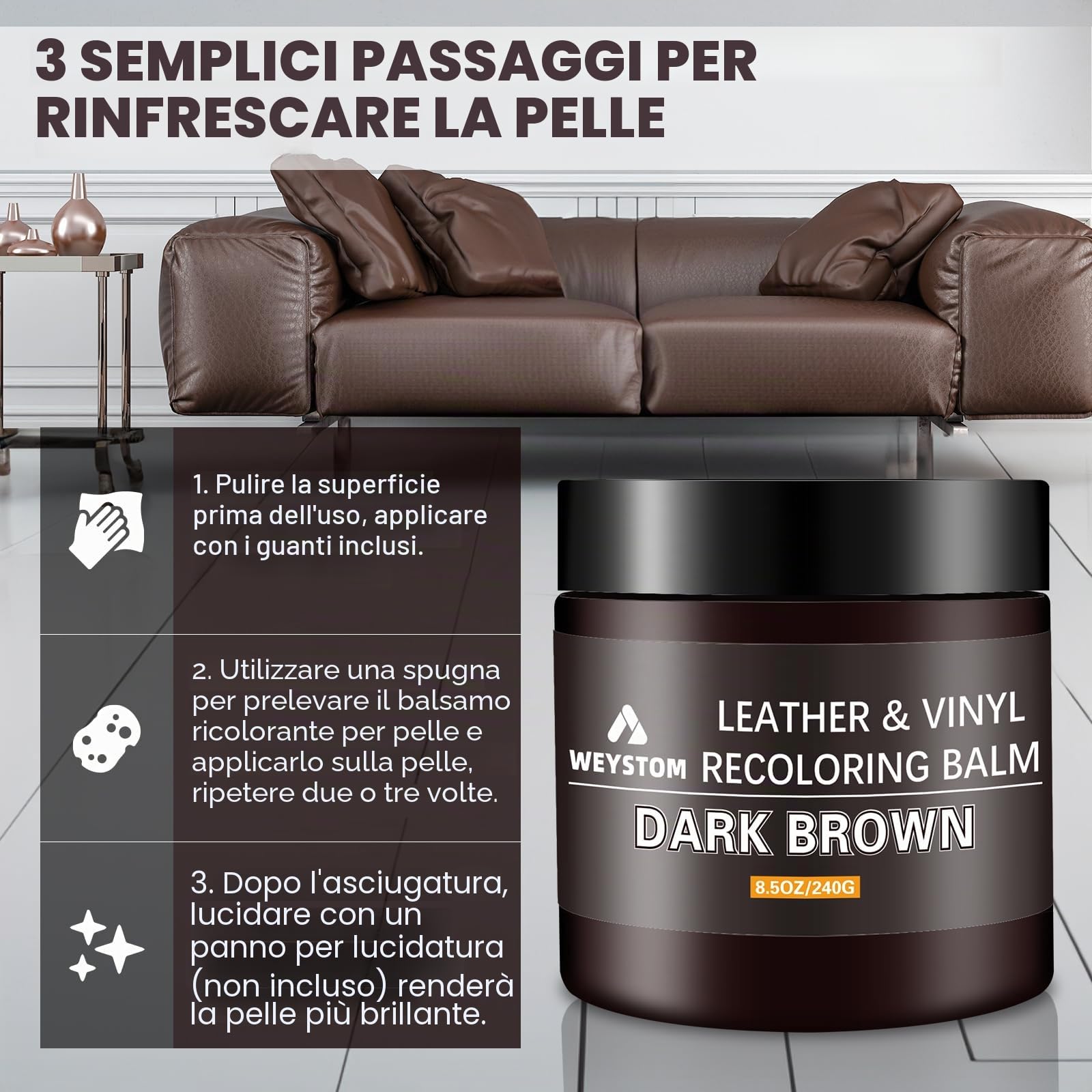 Kit di Riparazione per Pelle - Balsamo Ricolorante, Tinture per Mobili, Rinnovare e Ripristinare Pelle Invecchiata, Sbiadita, Screpolata, Sbucciata e Scottata