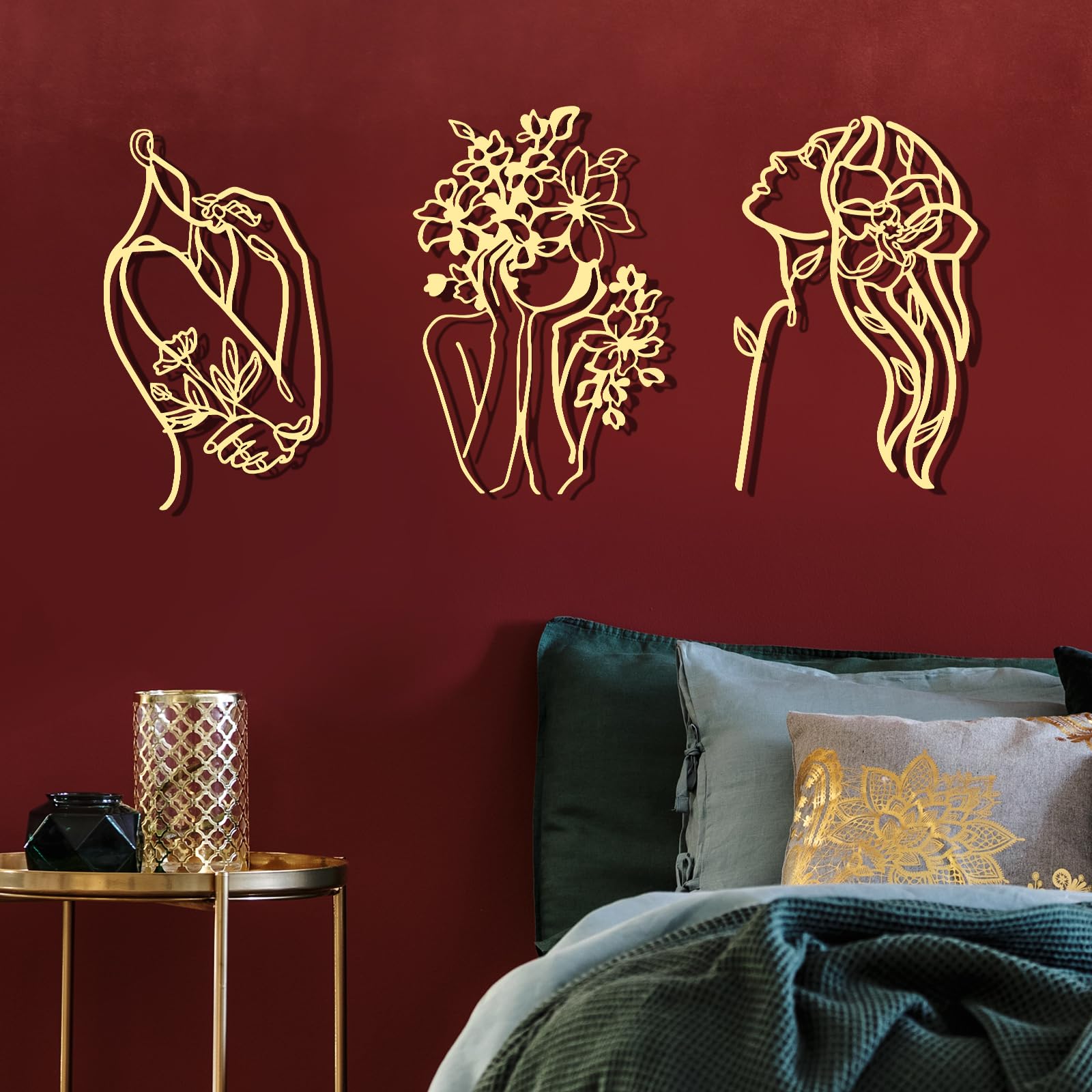 Photect 3 Pcs Metal Wall Art Decor Minimalist Abstract Woman Wall Art metal Modern Line Drawing Wall Art Decor Female Single Line Wall Home Hanging for Bedroom Bathroom Living Room, Gold(Romantic)