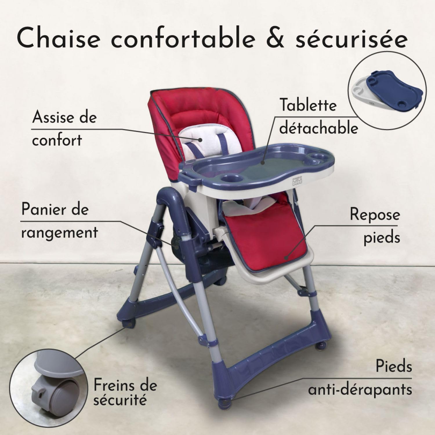 Monsieur Bébé - Chaise haute enfant pliable, réglable hauteur, dossier et tablette - Plusieurs coloris