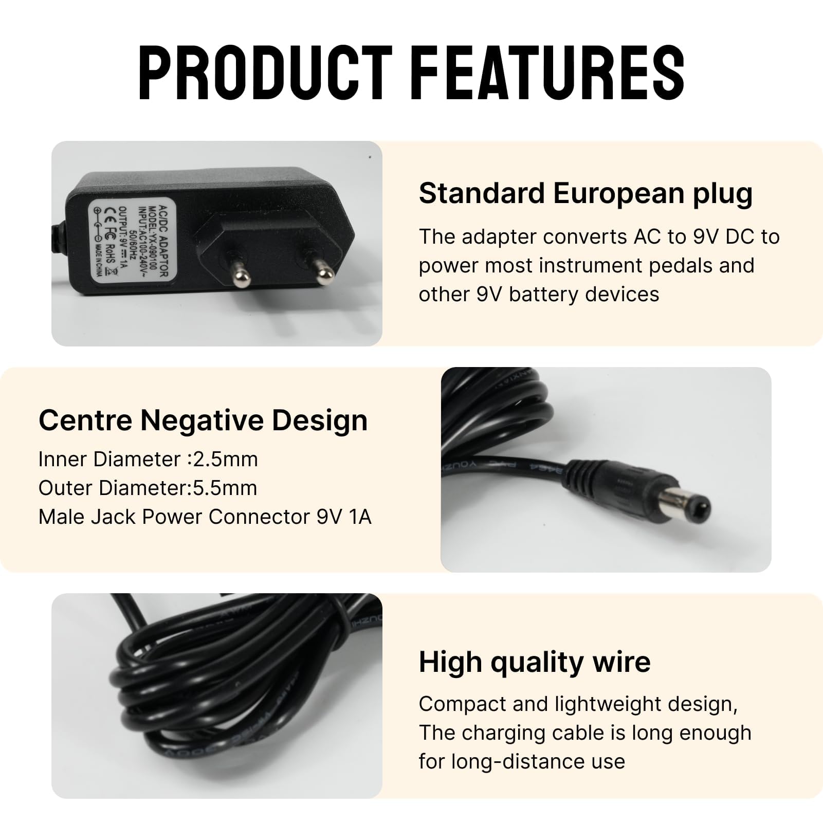 Bloc d'alimentation pour Pédale à Effet de Guitare 9V 1A, Adaptateur 9.V pour Pédale Guitare, Boss PSA-120S, JOYO, Looper, Stompbox, Clavier Casio, Alimentation DC 9V pour Pédales d'Effets