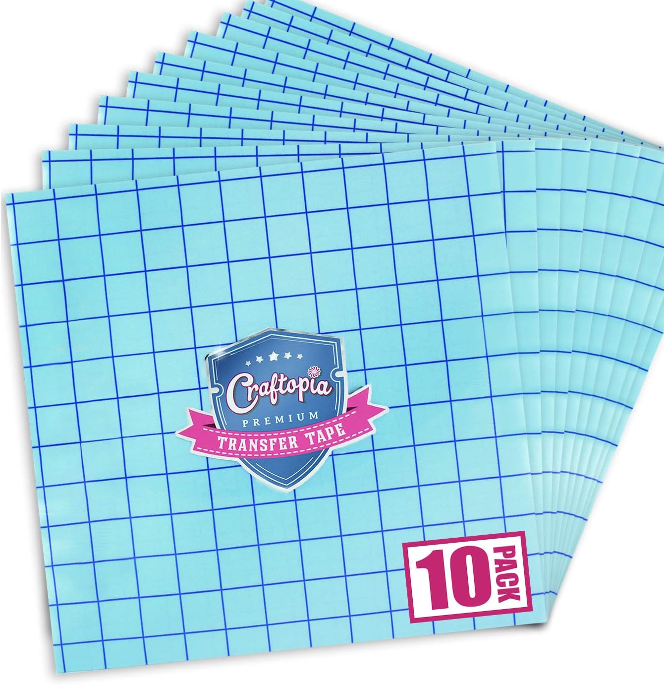 CraftopiaTransfer Tape Sheets for Vinyl 12"x12" Clear with Blue Alignment Grid | Compatible with Cricut Cameo Self Adhesive Vinyl for Signs Stickers Decals Walls Doors & Windows (10 Sheets)