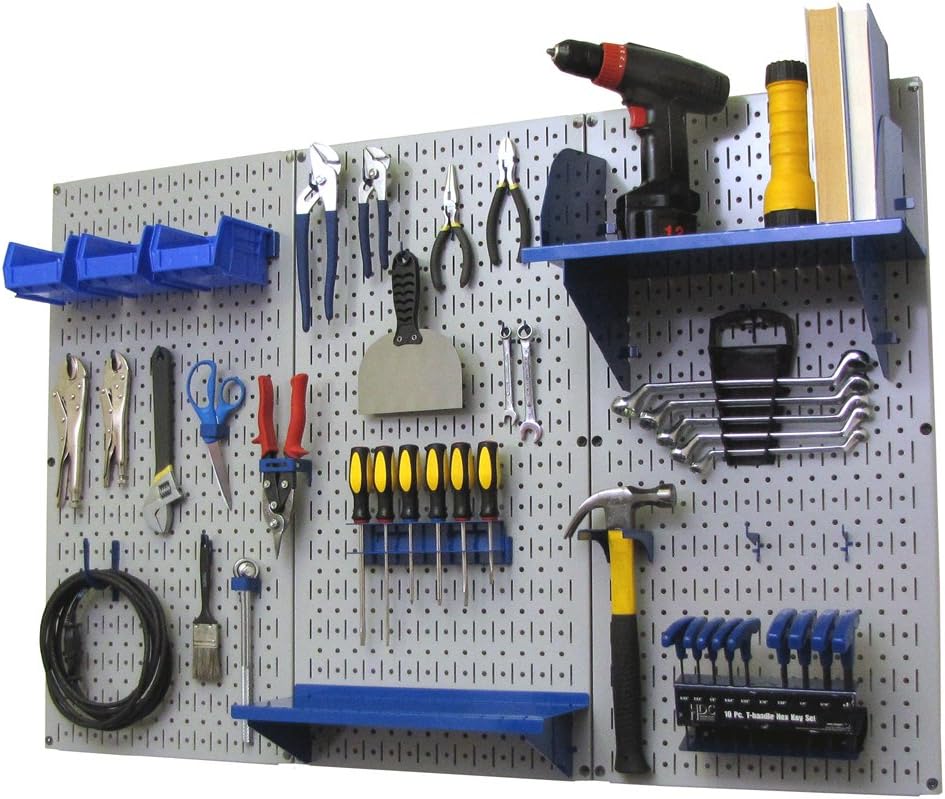 Wall Control PeGBoard Organizer 4 Ft. Metal PeGBoard Standard Tool Storage Kit With Gray Toolboard And Blue Accessories