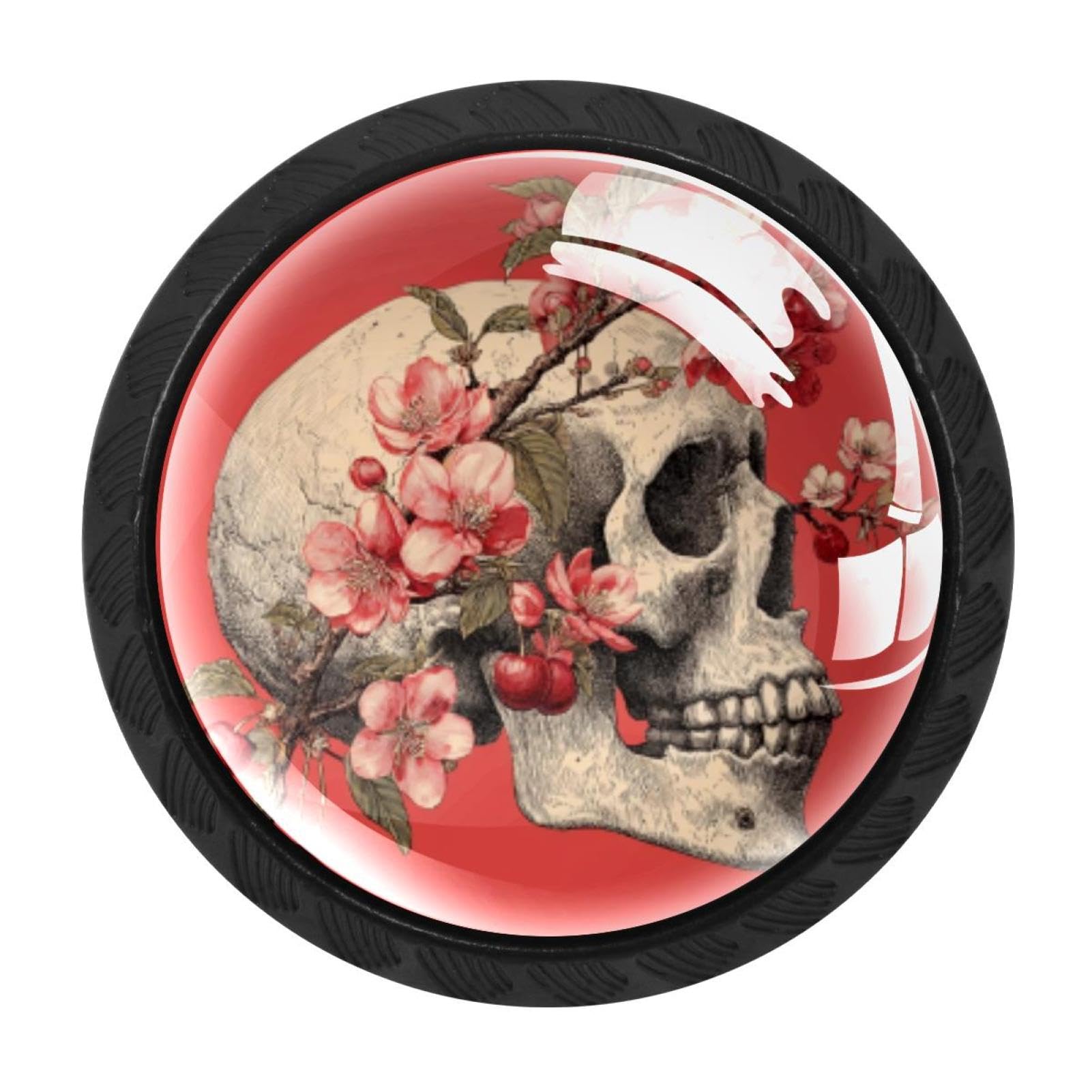 CHENZZZZ 4 Pieces Vintage Skull and Flowers Cherry (1) Drawer Knobs, 35mm Black Cabinet Knobs, Drawer Pulls and Knobs, Dresser Drawer Knobs, Cabinet Hardware Kitchen Cabinet Knobs