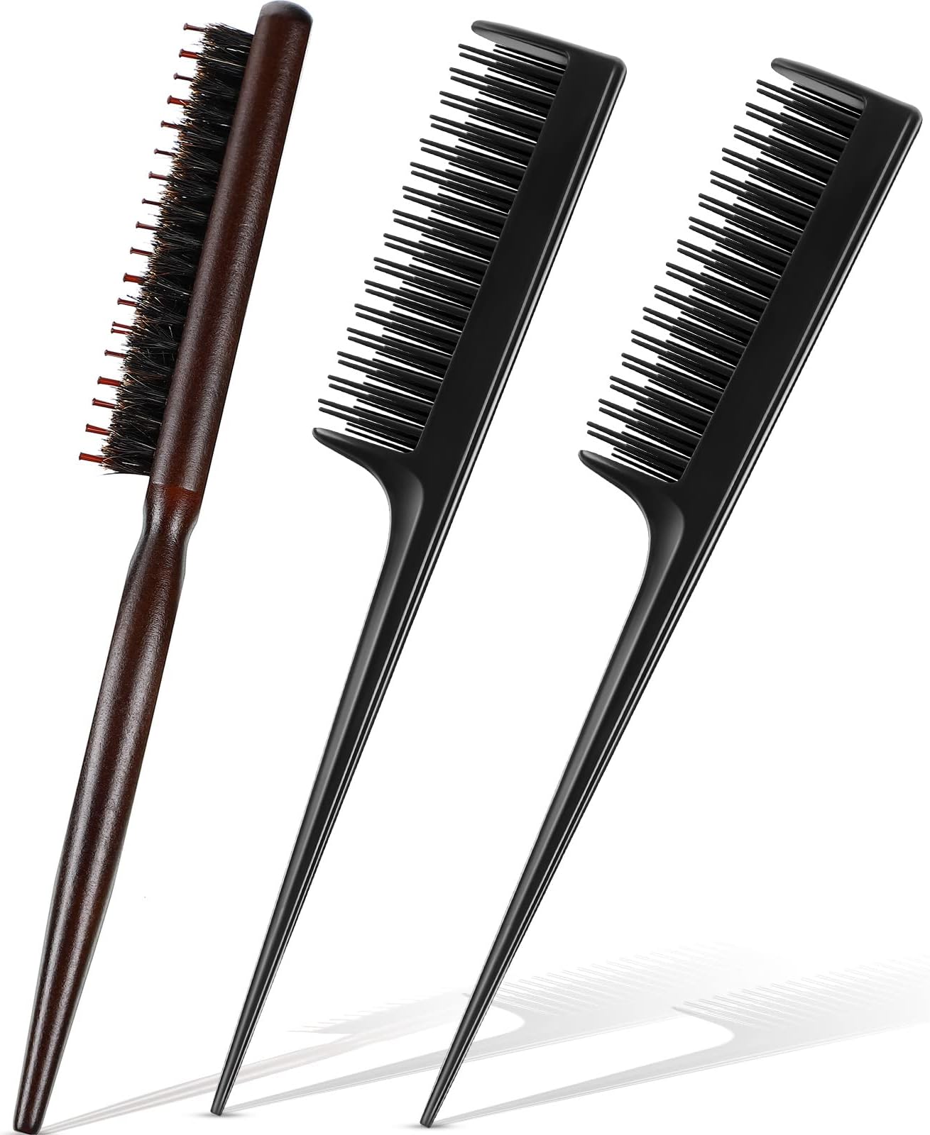 Patelai 3 Pcs Hair Teasing Comb Set Includes 2 Nylon Triple Teasing Brush Rat Tail Combs and Boar Bristle Teaser Brushes for Women Stylist Men Backcombing Slicking Curly Thick Wet Hair,Black