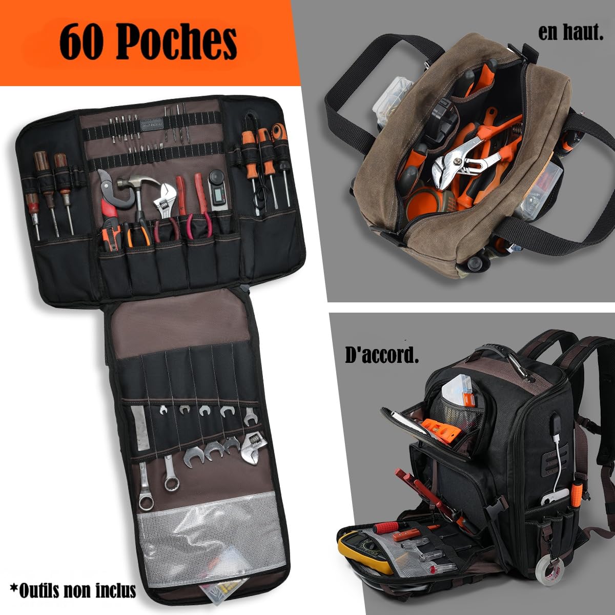 WELKINLAND Sac à dos d'électricien à 60 poches et sac à outils, sac à dos HVAC robuste, sac à dos à outils en toile cirée imperméable, sac à dos pour outils de mécanicien, sac à dos pour technicien