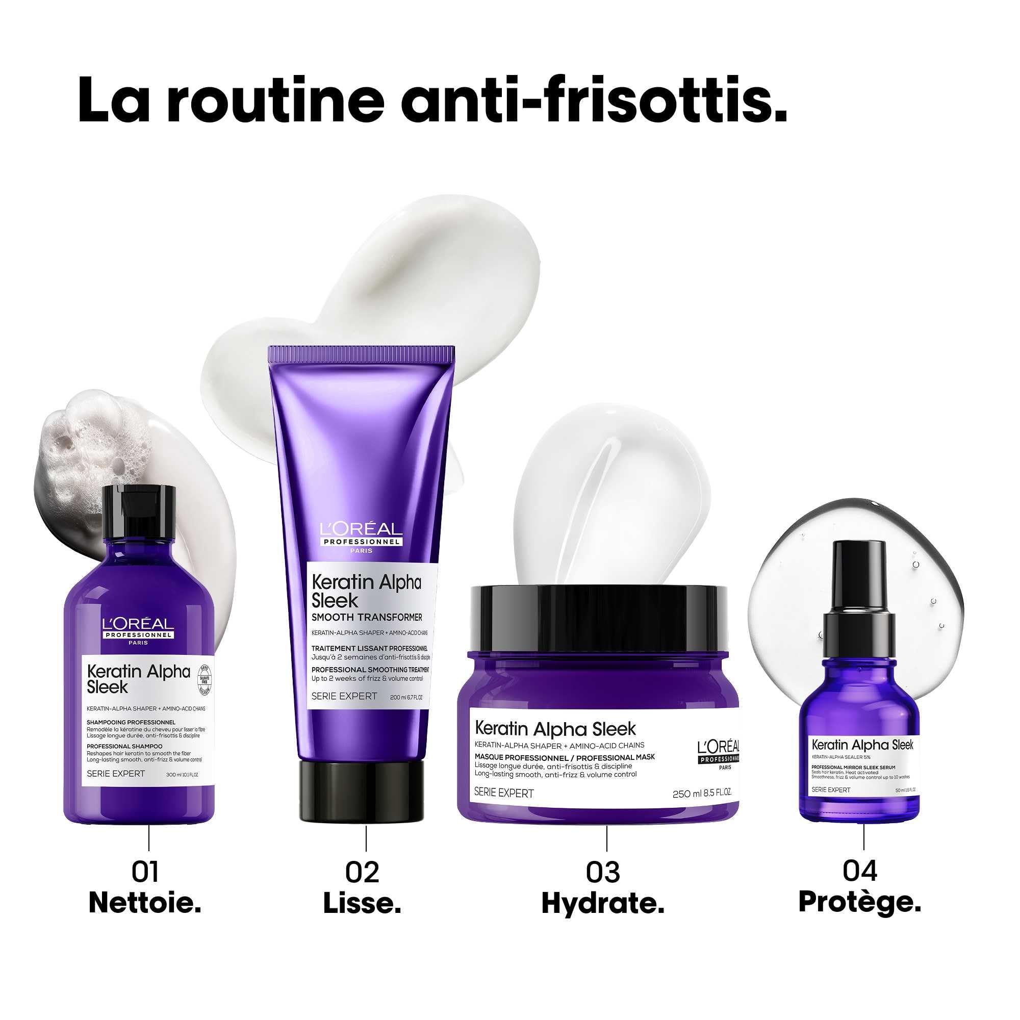 L'OREAL PROFESSIONNEL - Shampoing Disciplinant Keratin Alpha Sleek - 28% de Frisottis en Moins - Nettoie - Renforce la Kératine du Cheveux - Technologie Brevetée - Sans Sulfate - pH Neutre - 300 ml