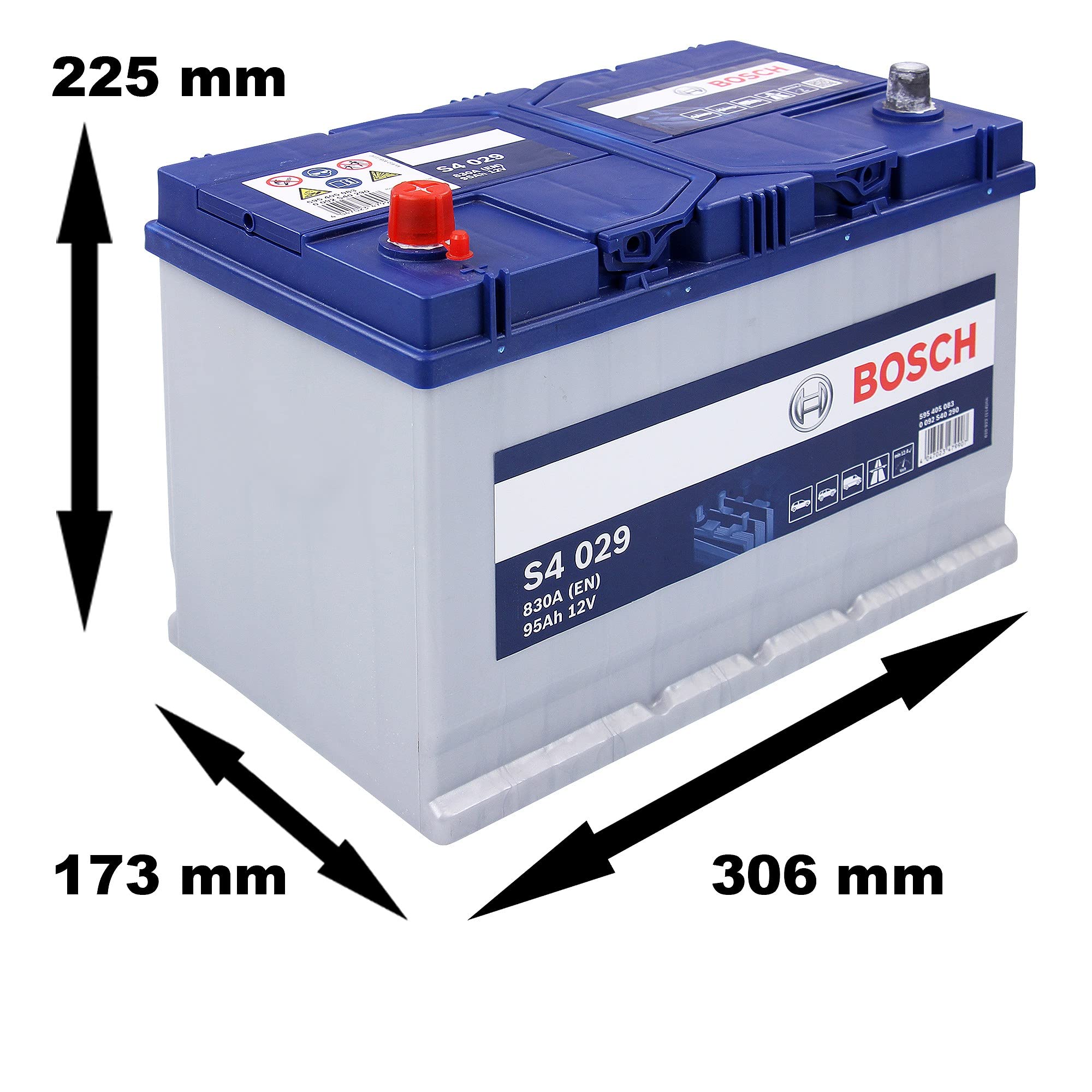 BOSCH Batería 95, Ah 830, A/EN 0 092 S40 290 L 306mm B 173mm H 225mm Compatible con VW DELIVERY, OPEL Antara A L07, FORD Ranger Mk2 ER, EQ, R Ranger ET MAVERICK UDS, UNS, FIAT TL