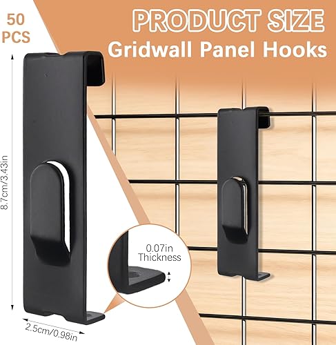 Miniatura 2 de 50 piezas de gancho de muesca para pared, colgador de cuadros de rejilla negra comercial para panel de pared de tablero de clavijas de rejilla para