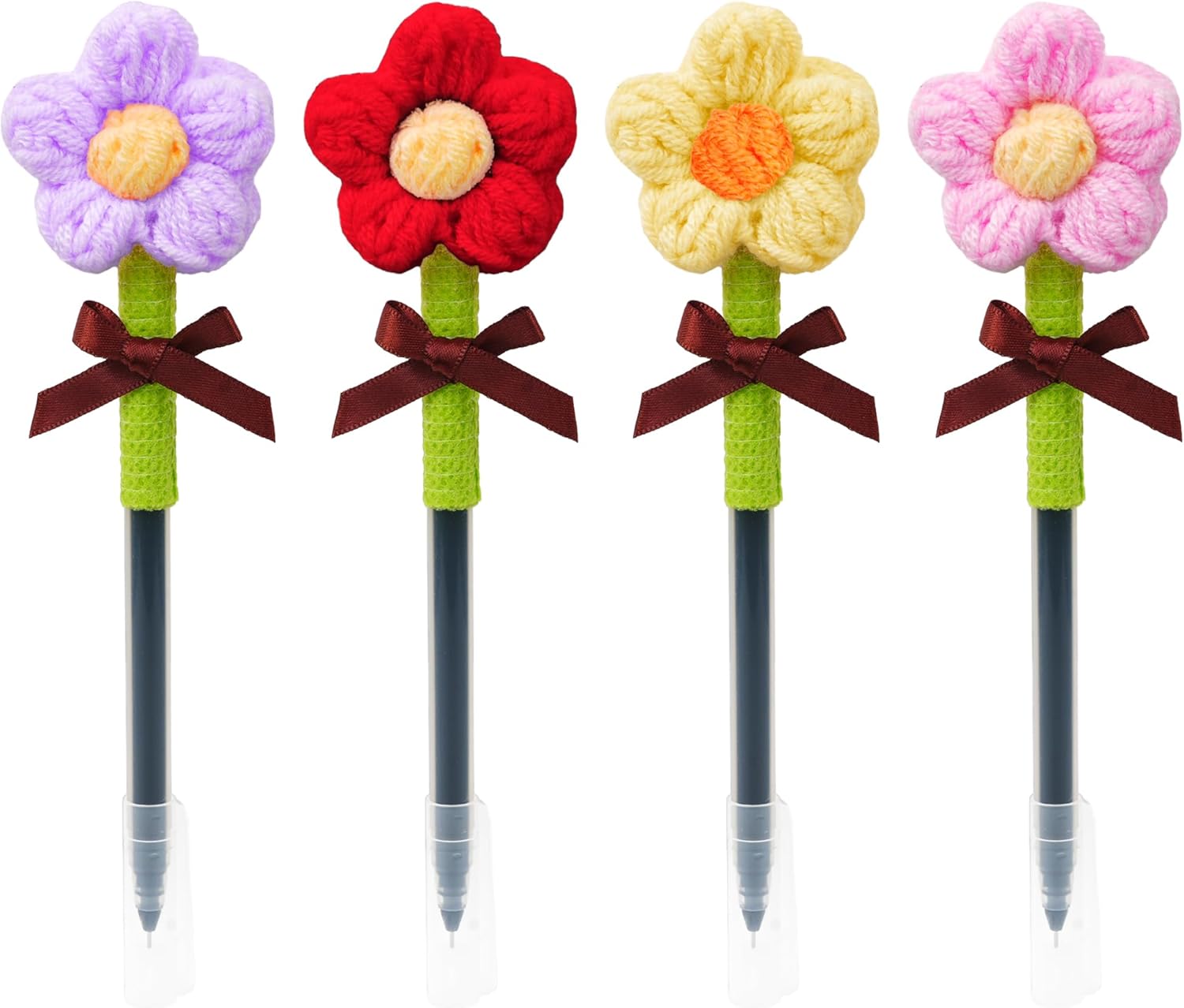 KatchOn, Crochet Flower Ballpoint Pens - Pack of 4 | Purple, Red, Yellow and Pink Handmade Crochet Pens Writing for Home Office and School Supplies | Party Favors for Kids | Ball Point Pen, Funny Pen