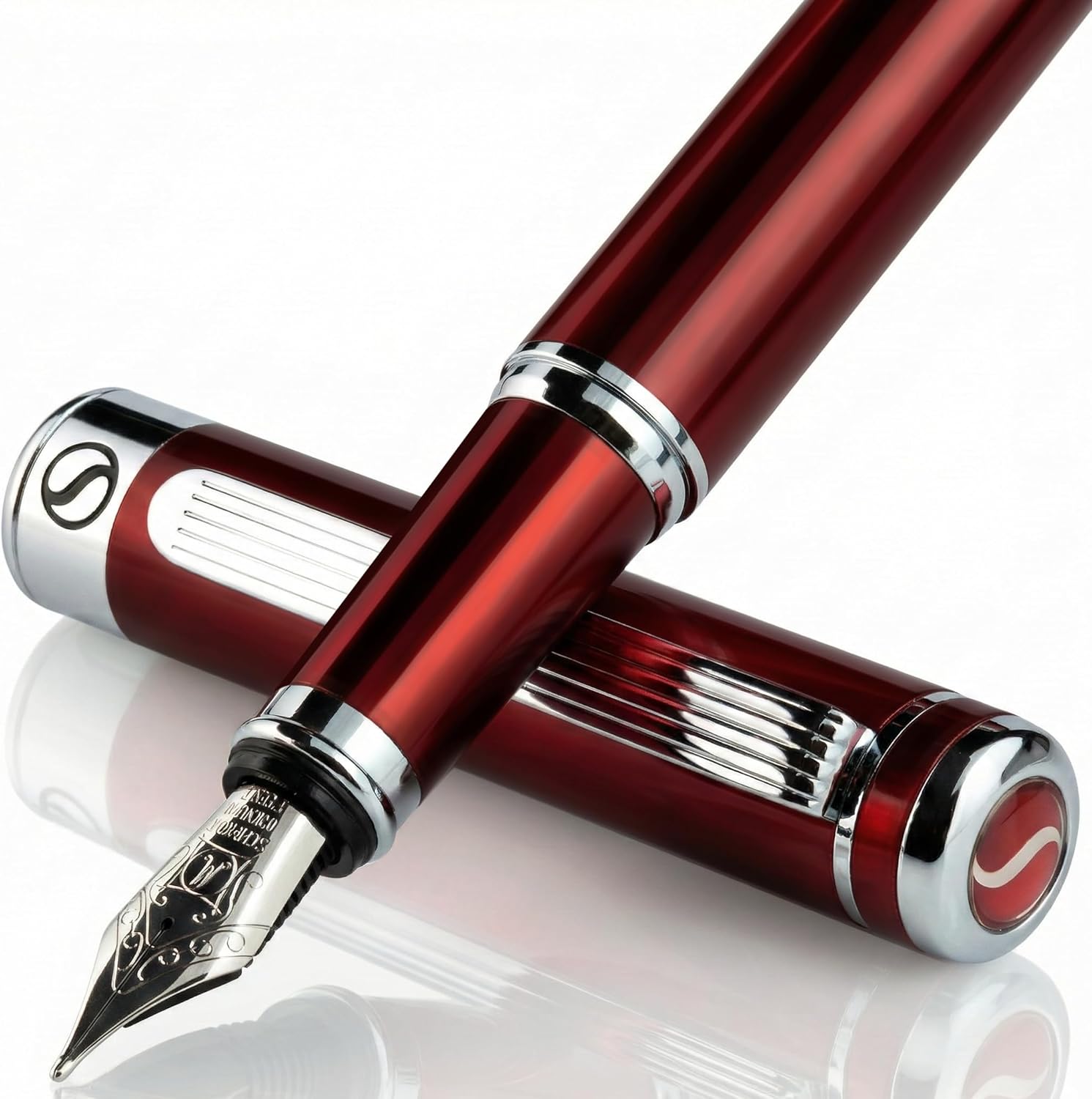 Scriveiner Deep Crimson Red Fountain Pen - Stunning Luxury Pen with Chrome Finish, Schmidt Nib (Medium), Best Pen Gift Set for Men &amp; Women, Professional, Executive, Office, Nice Pens