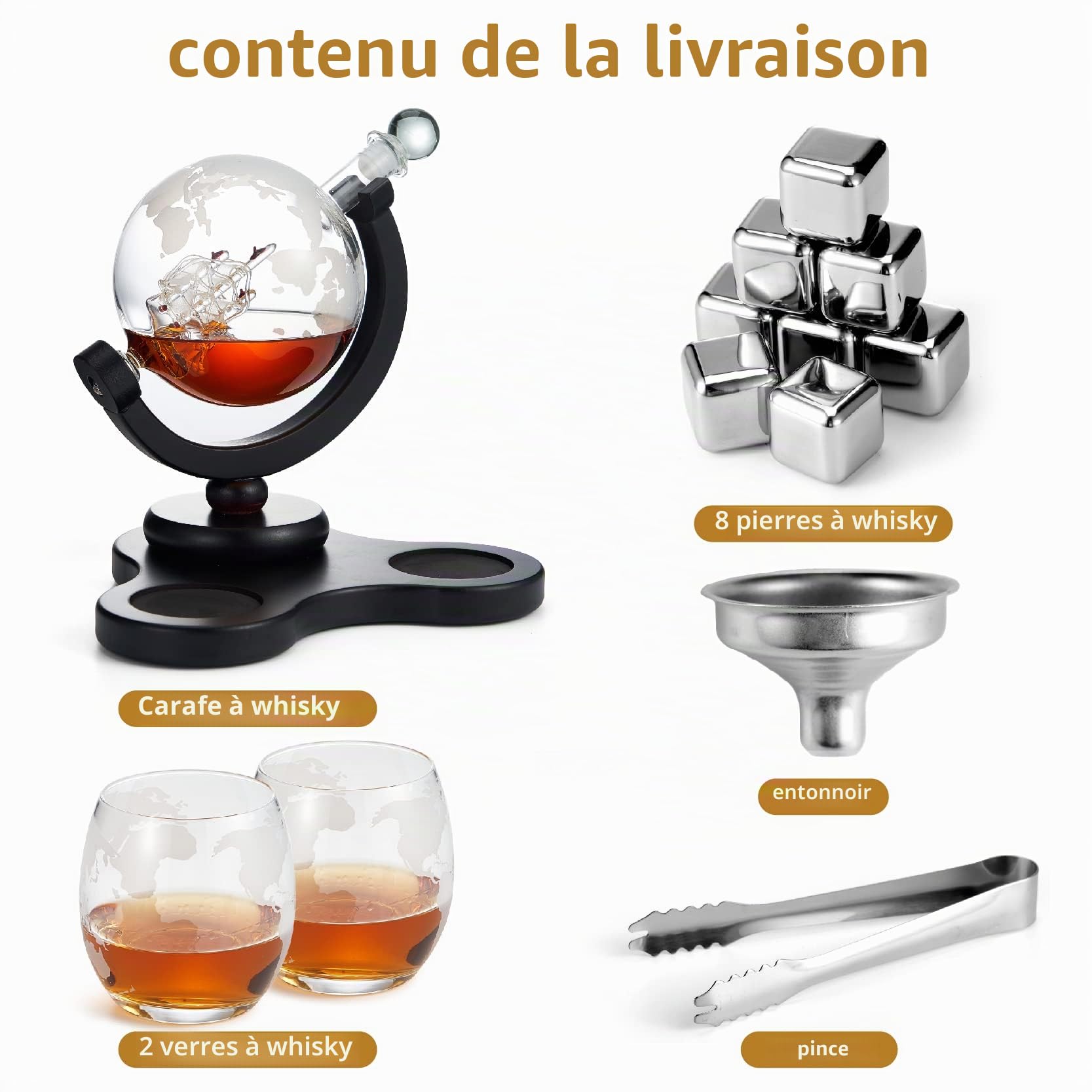 Carafe à Whisky Globe Set 850ml,avec 2 Verres Globe Gravés, Entonnoir en Acier Inoxydable et 8 Pierres à Whisky en Acier Inoxydable,Cadeau Anniversaire Fête des Pères pour Homme (A-850ML)