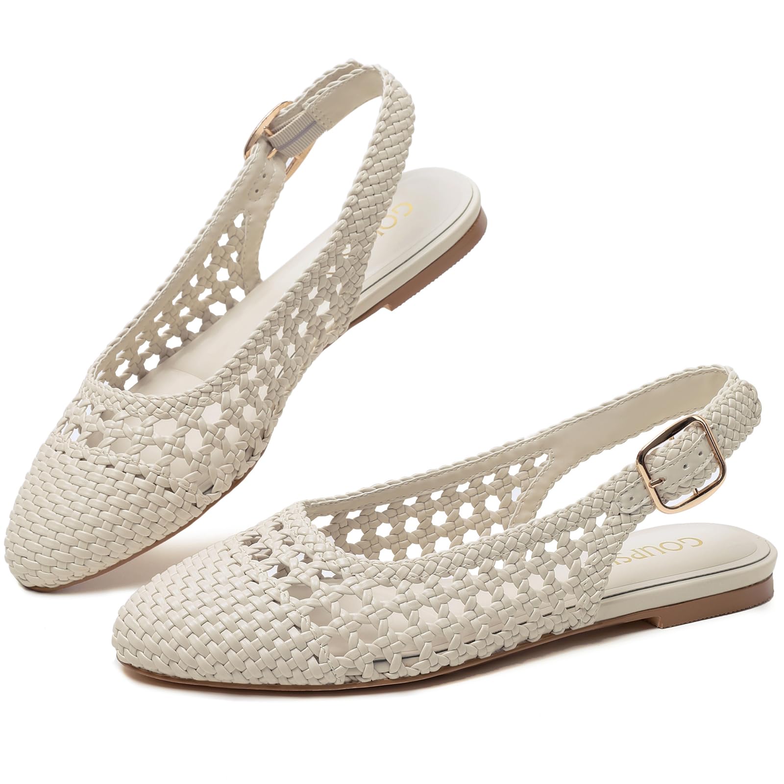 Photo 1 of GOUPSKY Beige Woven Ballet Flats Slingback Mik White Mary Jane Shoes Women Mesh Ballerina Flats Dressy Round Closed Toe Spring Summer Shoes Casual