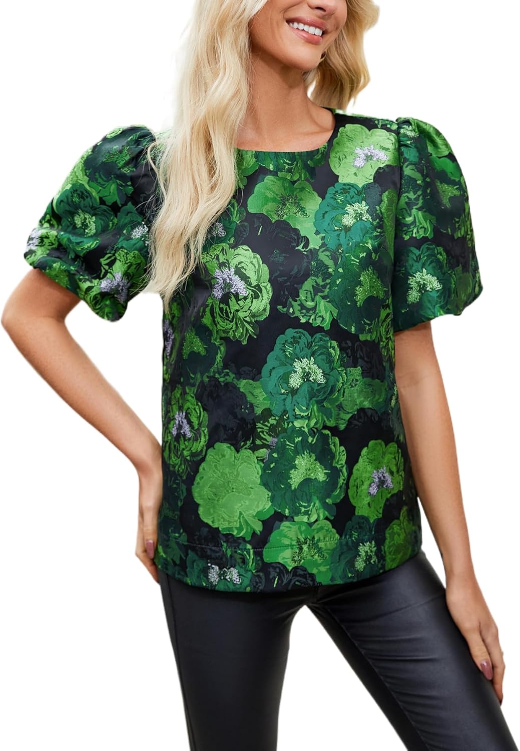 Kedera Women's Floral Jacquard Shirt Crewneck Puff Sleeve Blouse Elegant Work Shift Tops - Image 2