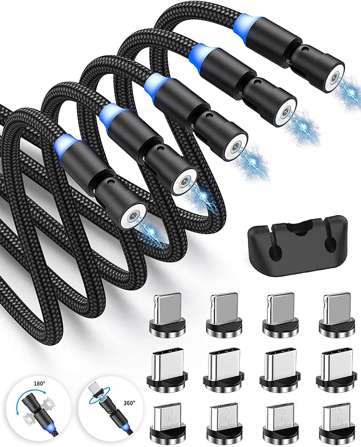 3 in 1 Magnetic Charging Cable, 360°&180° Rotation Magnetic Phone Charger Cable (5-Pack/3.3ft/10ft) Nylon Braided Cord with LED, Compatible with Micro USB, Type C, iProduct - Black