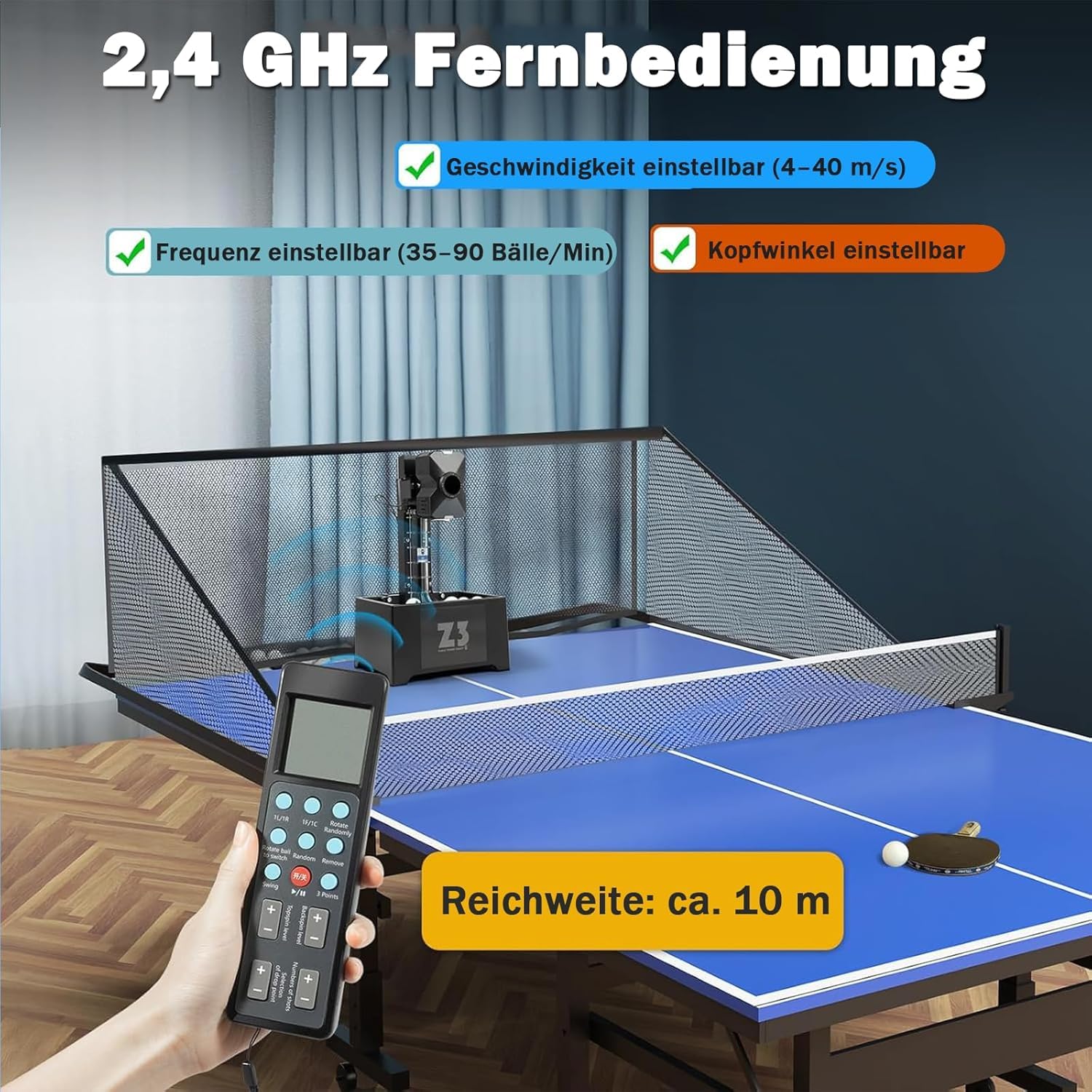 Tischtennis Roboter mit Fernbedienung 100 Bällen & Netz - Automatische Tischtennismaschine mit 10 Programmen, 35-90 Bälle/Min, Ping Pong Ball Wurfmaschine für Training & Verein