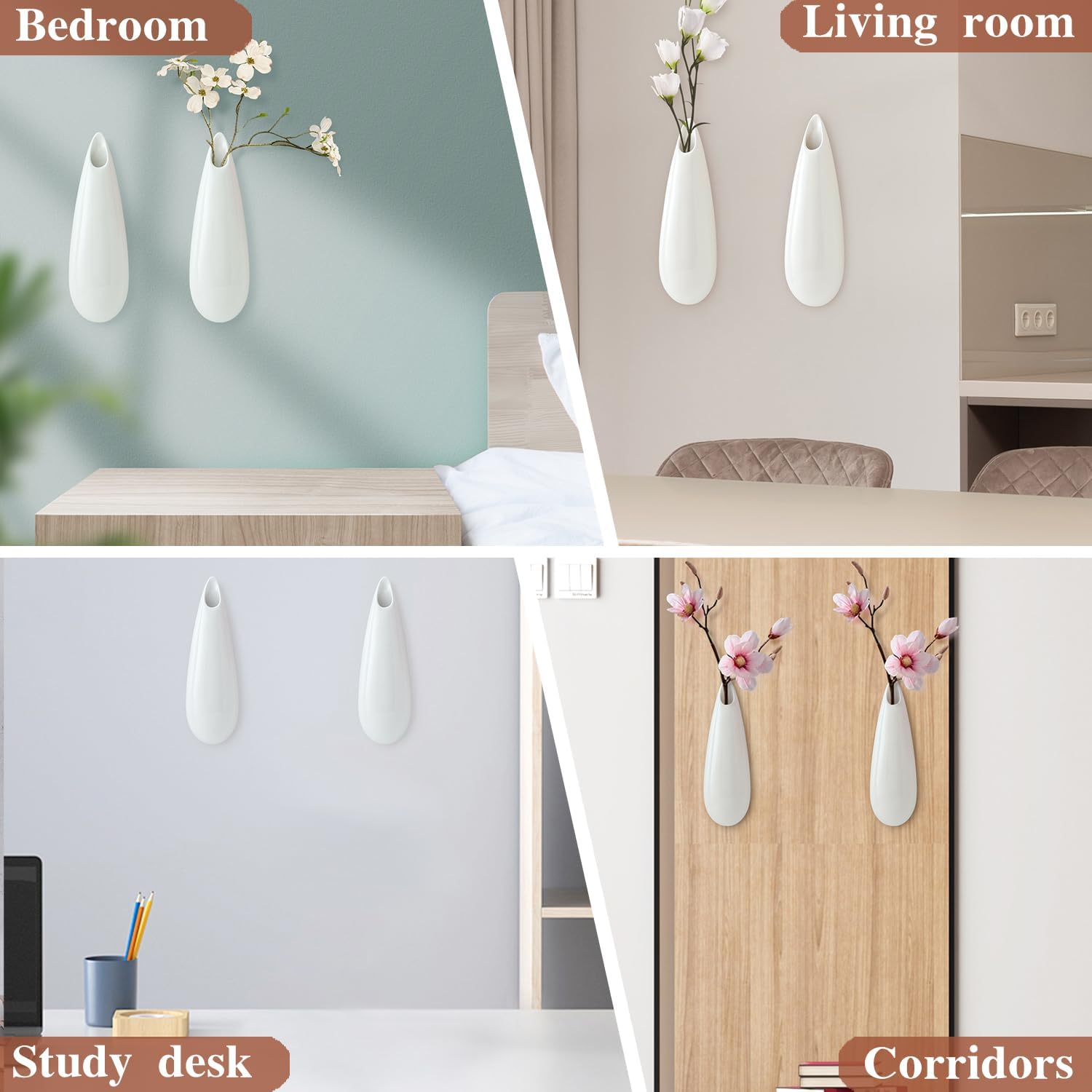 Hanging Ceramic Wall Vases, 11.8 Inch,Set of 2, Cubicle Modern Decor Wall Plant Holder Vase for Indoor Plants,Propagation Hanging Flower Pots for Air Vases,White