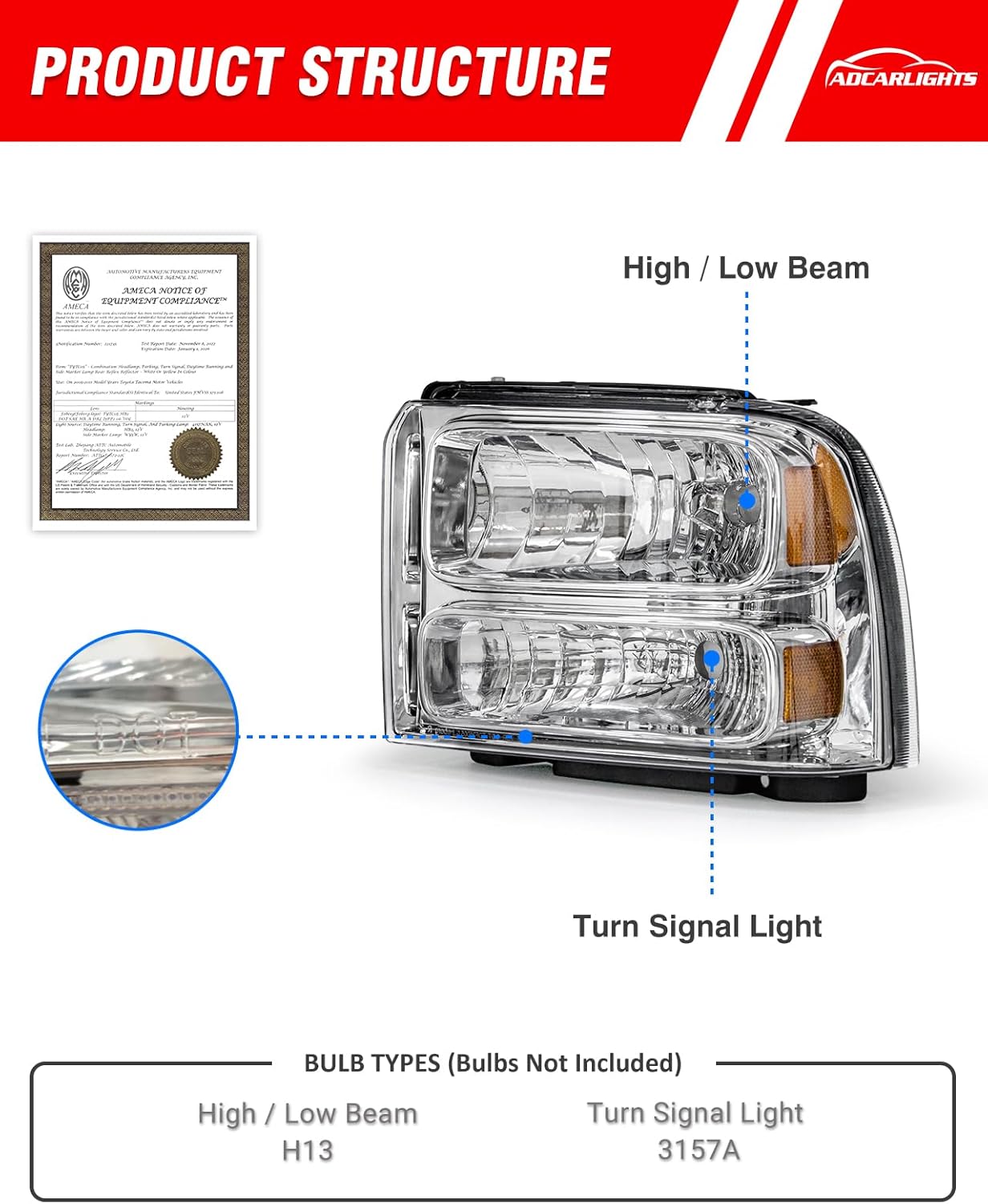 for 05 06 07 Ford F250 F350 F450 F550 Super Duty Headlight Assembly Compatible with with 2005 Ford Excursion Chrome Housing Headlamp Amber Reflector Left+Right Side(Bulbs not included)