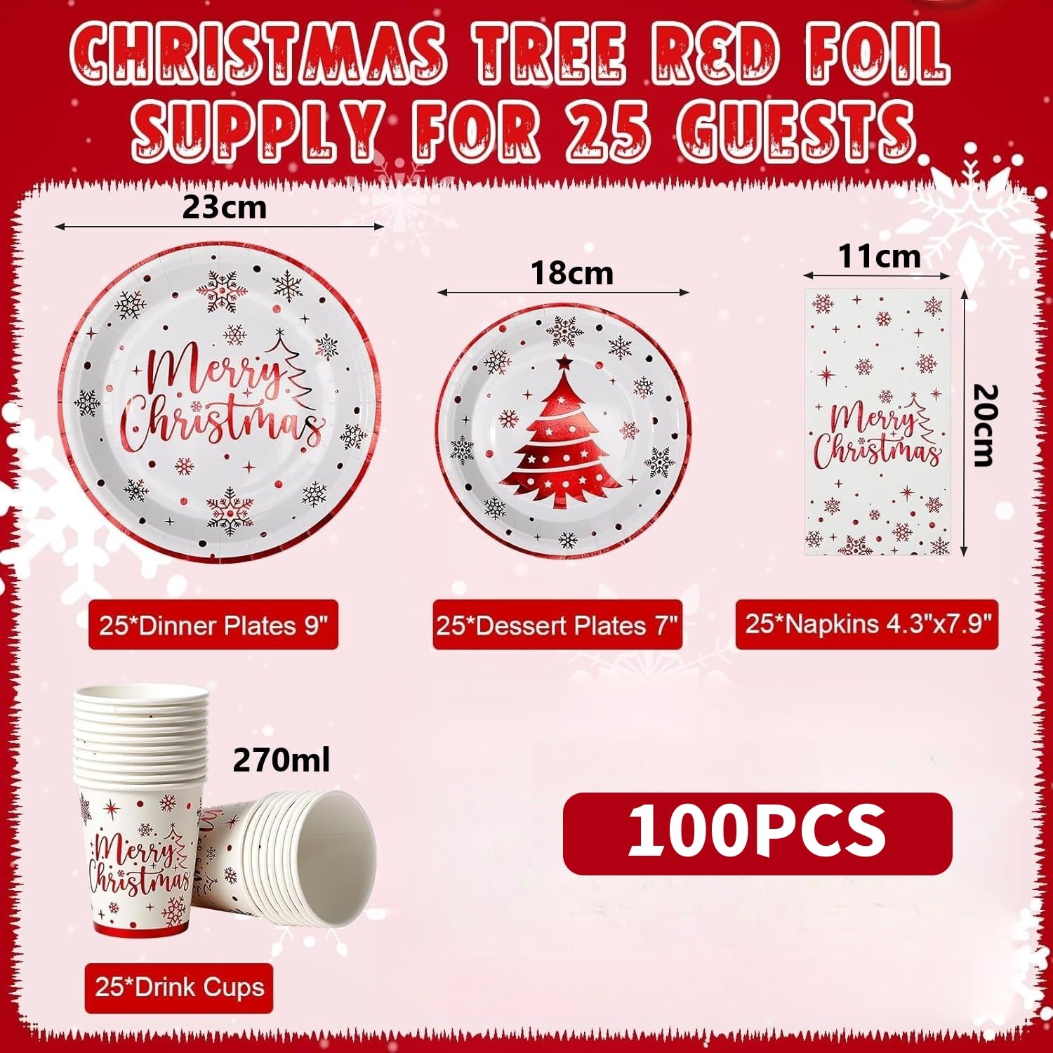 KAHEIGN 175Pcs Weihnachten Geschirr Set für 25 Personen, Papier Weihnachts Geschirrset mit 25Sets Speiseteller Salatteller Becher Servietten und wiederverwendbare Messer&Gabel&Löffel