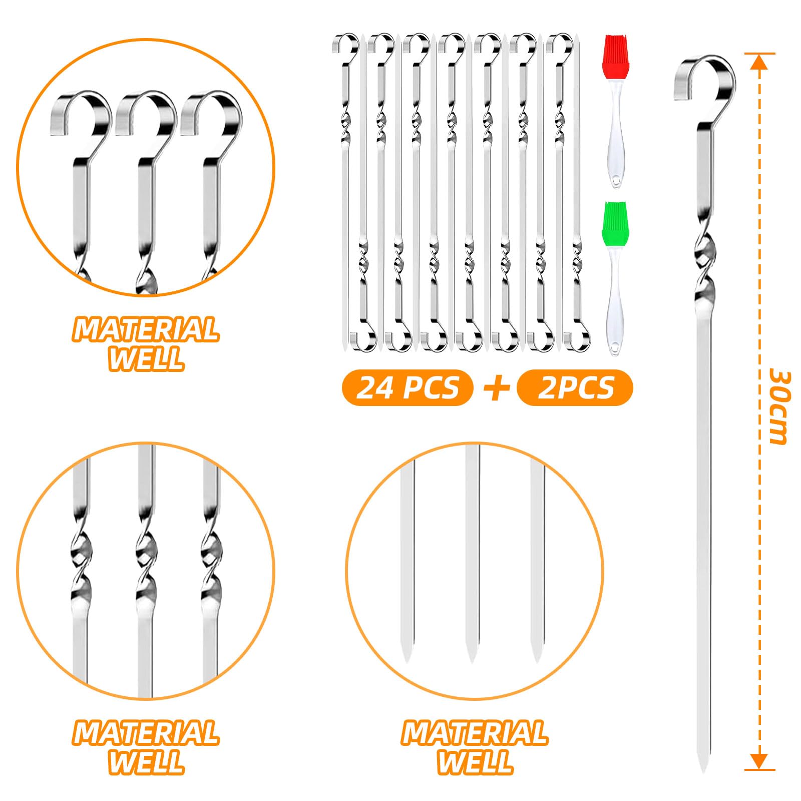 Brochettes en Acier Inoxydable 24 Pièces avec Pinceaux Réutilisables pour Barbecue Viande Légumes