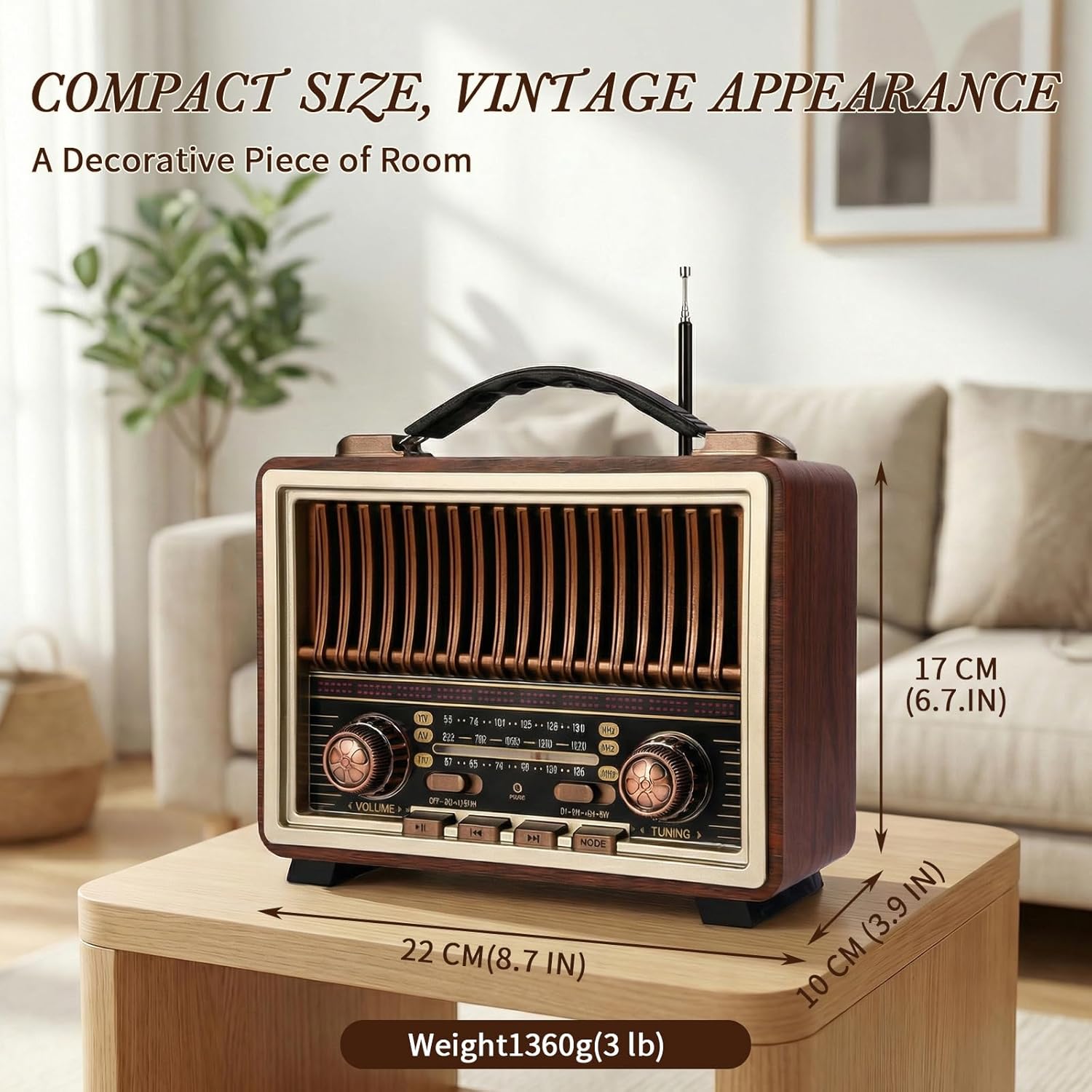 Retro Radio Bluetooth Speaker with Stereo Sound, AM FM Radio Portable with Loud Volume, Rechargeable Speaker (Gold)