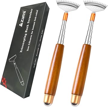 2 Pcs Back Scratchers for Adults Extendable with Massage Roller | Telescopic Back Scratcher for Women Men with Curved Steel Claw & Wood Handle, Portable Body Massager for Head Face Foot
