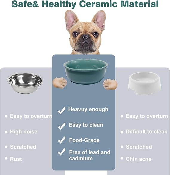 Elevated Ceramic Double Dog Bowl Set(Light Green) & Single Replacement Dog Bowl(Dark Green)