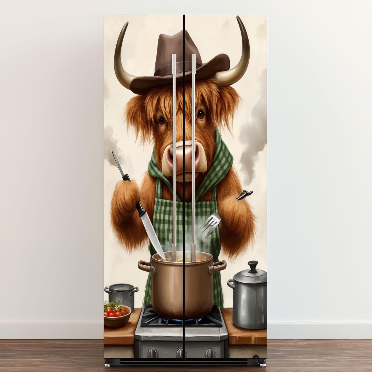Self Adhesive Vinyl Refrigerator Wrap Funny Cow Humorous Brown Highland Cows Cooking Enticing Food Kitchen Door Mural Sticker Peel and Stick Removable Door Cover Fridge Wrap Decal for Kitchen Decor