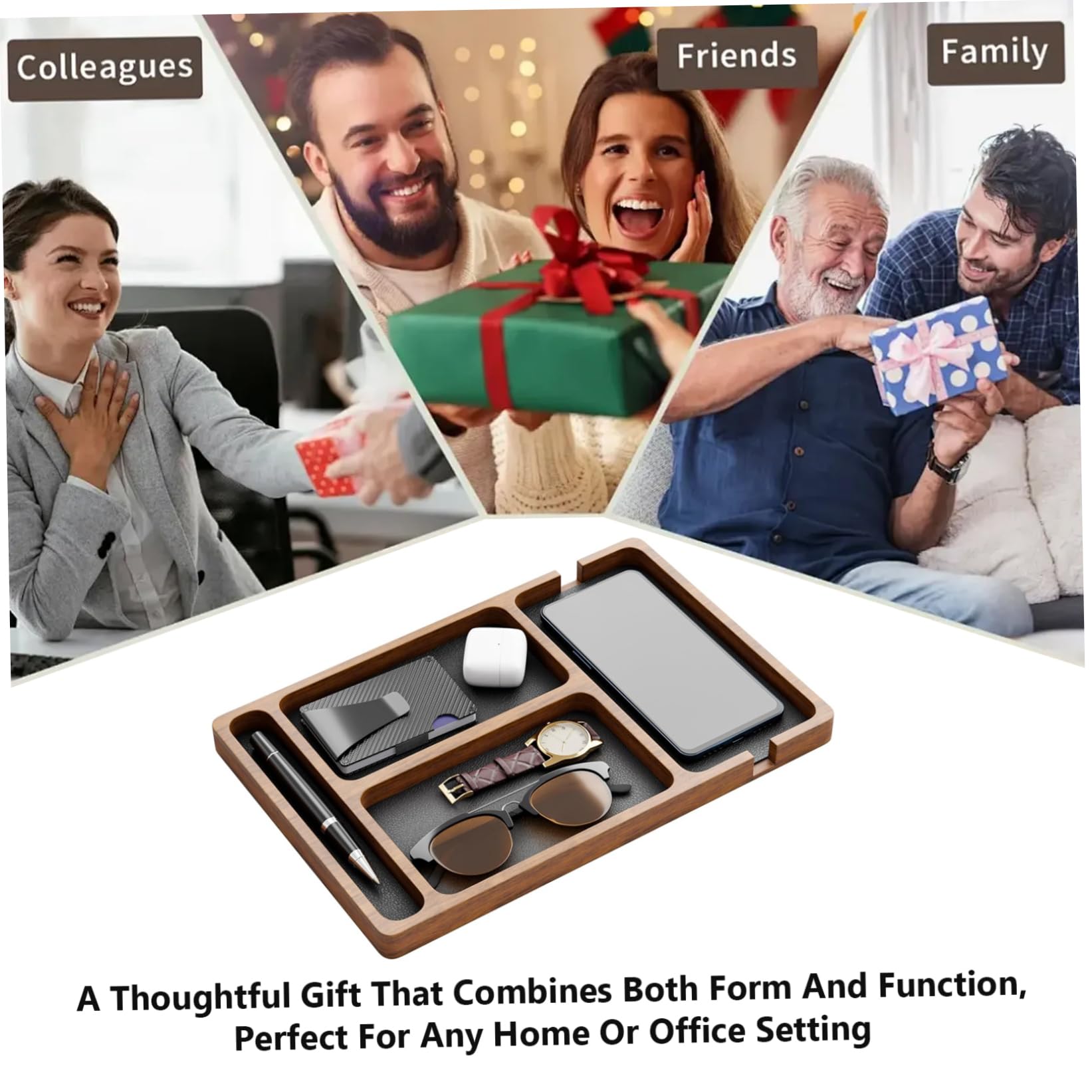 Organiseur de table de nuit, plateau voiturier en bois avec incrustation en cuir, organisateur table nuit 12 x 8 compartiments pour hommes et femmes, plateau fourre-tout pour clés, téléphone