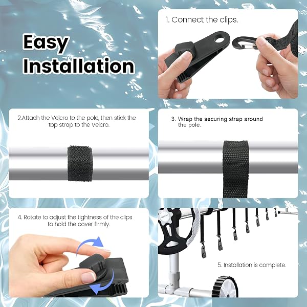 Sangles de Maintien et Pinces pour Enrouleur Bâches Piscine Lot de 8, Accessoires Enrouleur de Couverture Solaire Jeu de Roues de Parasol Sangles de Serrage de Couverture de Piscine - 5