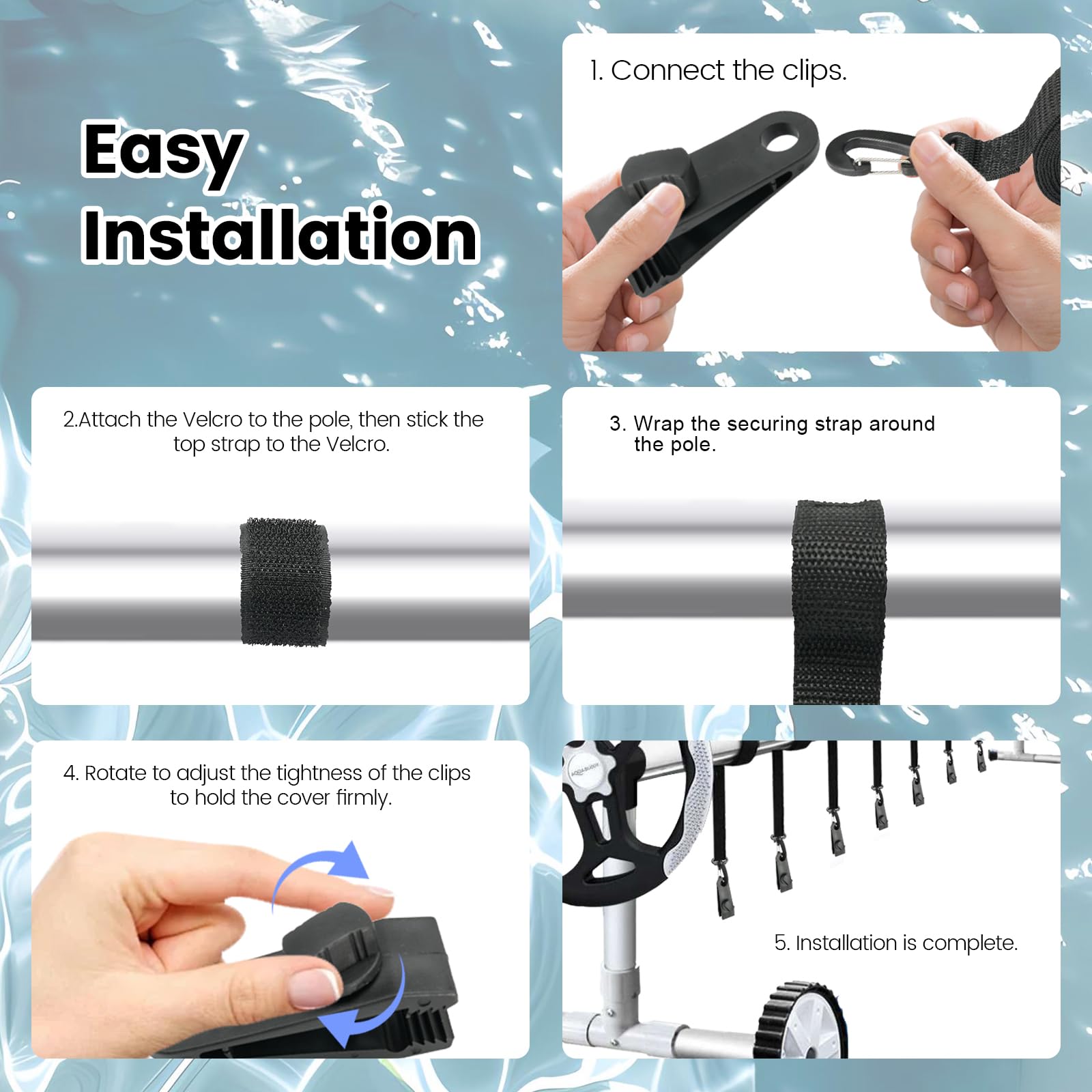 Sangles de Maintien et Pinces pour Enrouleur Bâches Piscine Lot de 8, Accessoires Enrouleur de Couverture Solaire Jeu de Roues de Parasol Sangles de Serrage de Couverture de Piscine - 5