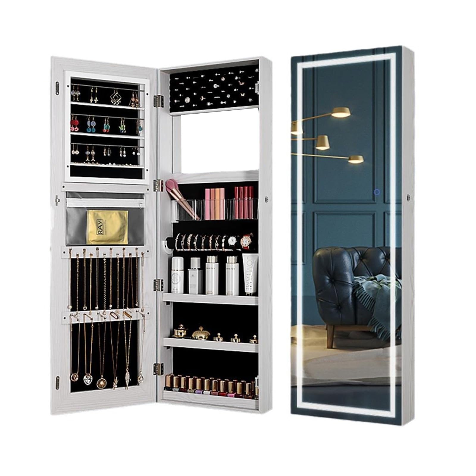 HXYhydrypd HXYhydrypd Armario Joyero con Espejo, Espejo Joyero de Pared con Cerradura y Pantalla Táctil LED para Regalo, Decoracion Salon