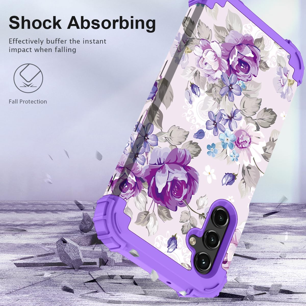 Hocase for Galaxy A16 5G Case, Heavy Duty Shockproof Protection Soft Silicone Rubber Bumper+Hard Plastic Hybrid Protective Case for Samsung Galaxy A16 5G (6.7") 2025 - Lavender Flowers - Image 3