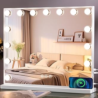 MISAVANITY Large Hollywood Vanity Mirror with Lights White Vanity Makeup Mirror with 15 LED Bulbs and USB Charge Port Dimmable 3 Color Lighting for Bedroom Tabletop
