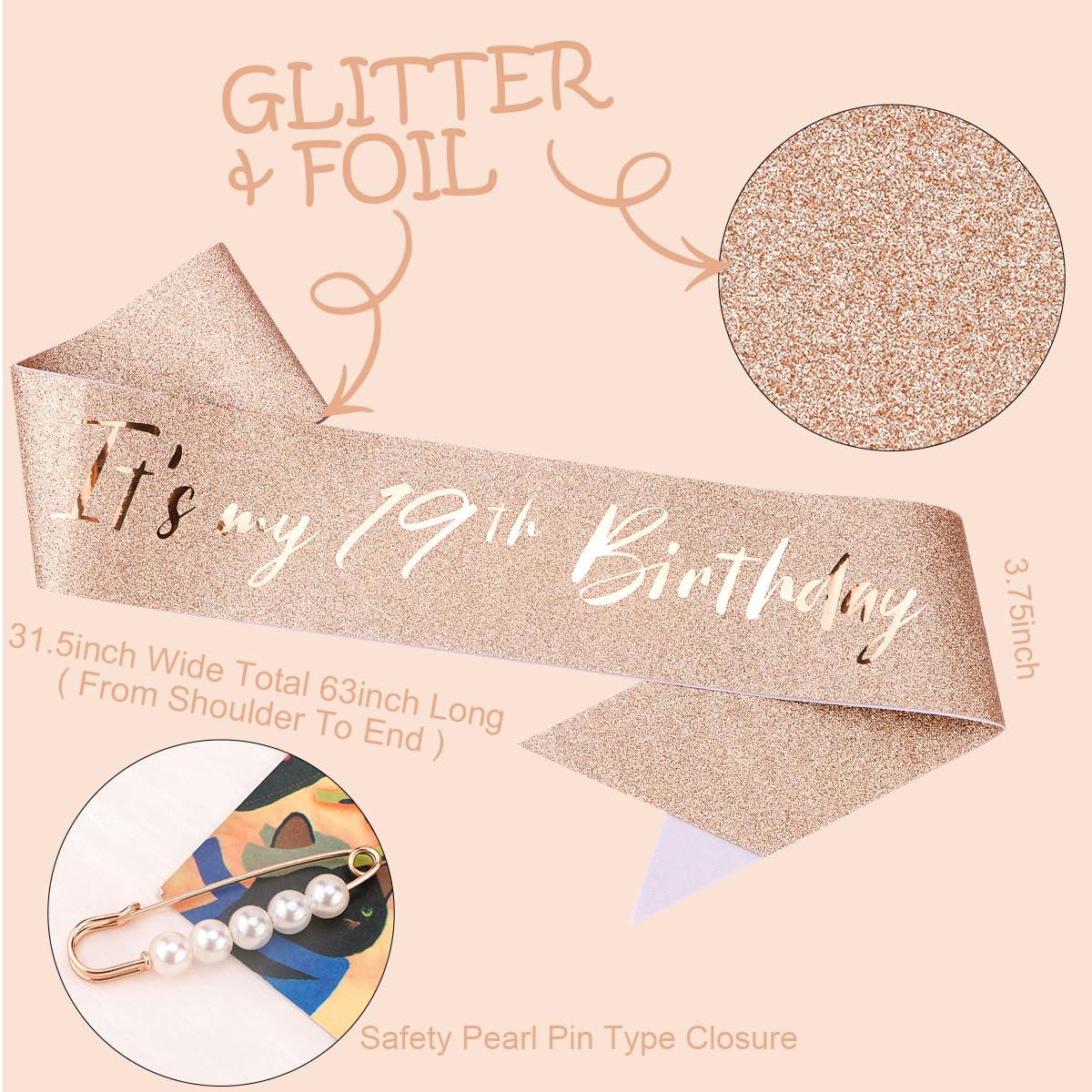 TOBATOBA 19th Birthday Rose Gold Sash and Tiara - It's My 19th Birthday Decorations for Girls image 3