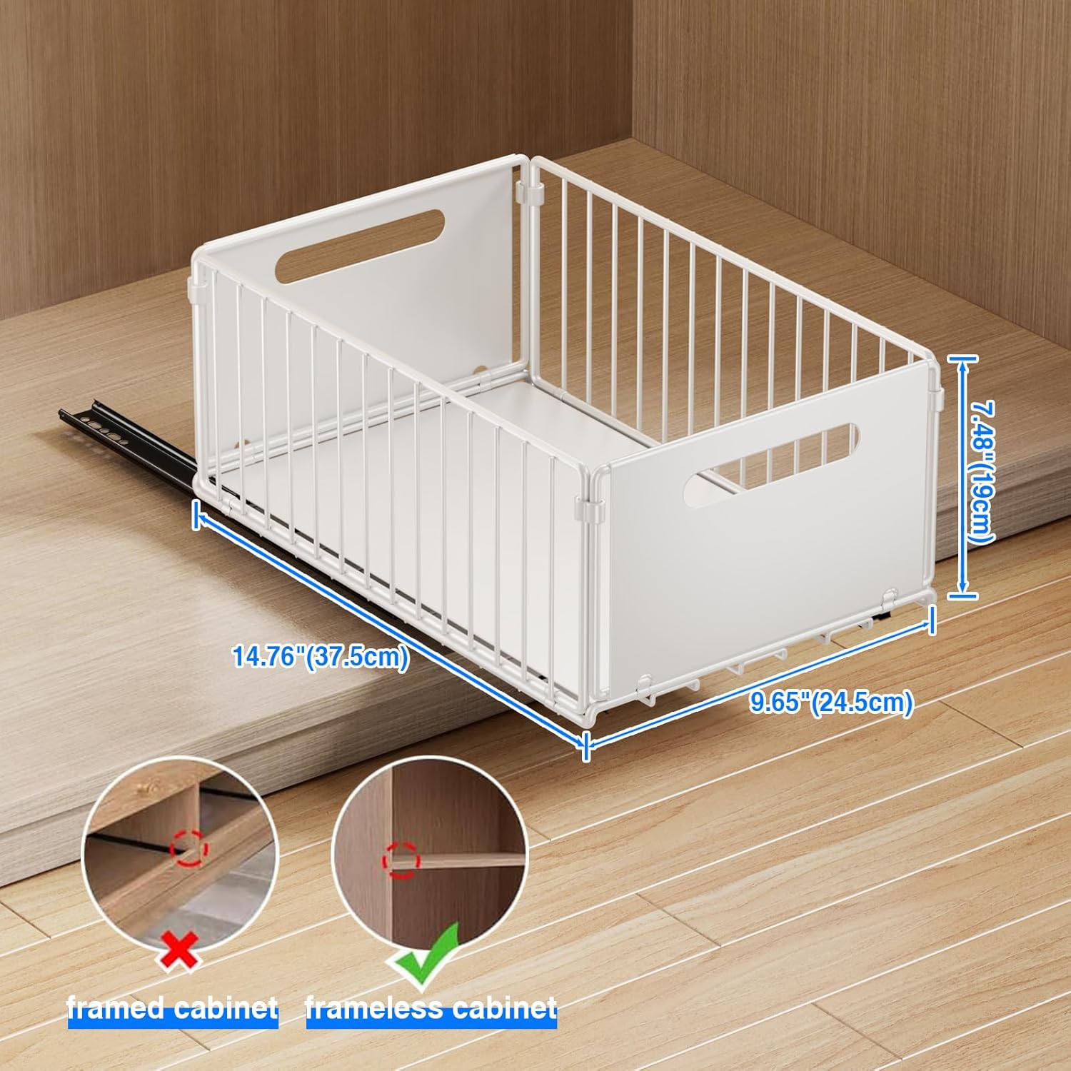 2 pack pull out cabinet organizer, slide out drawers for cabinets, peel and stick, heavy duty shelves for kitchen, cupboard, pantry, bathroom (14.76" d*9.65" w*7.87" h-white) white 14.76"d*9.65"w*7.48"h