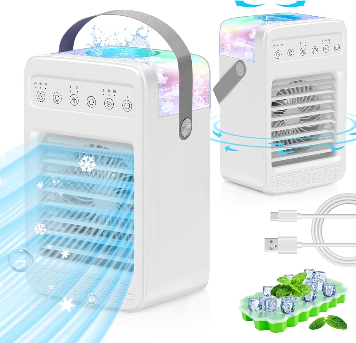 Swamp Cooler, Air Conditioners Portable with Water Tank 2/4/6H Timer, Oscillating Evaporative Air Coolers with 4 Speeds 2 Cool Mists 7 Color Lights,Cooling Fan with Ice Cube Tray