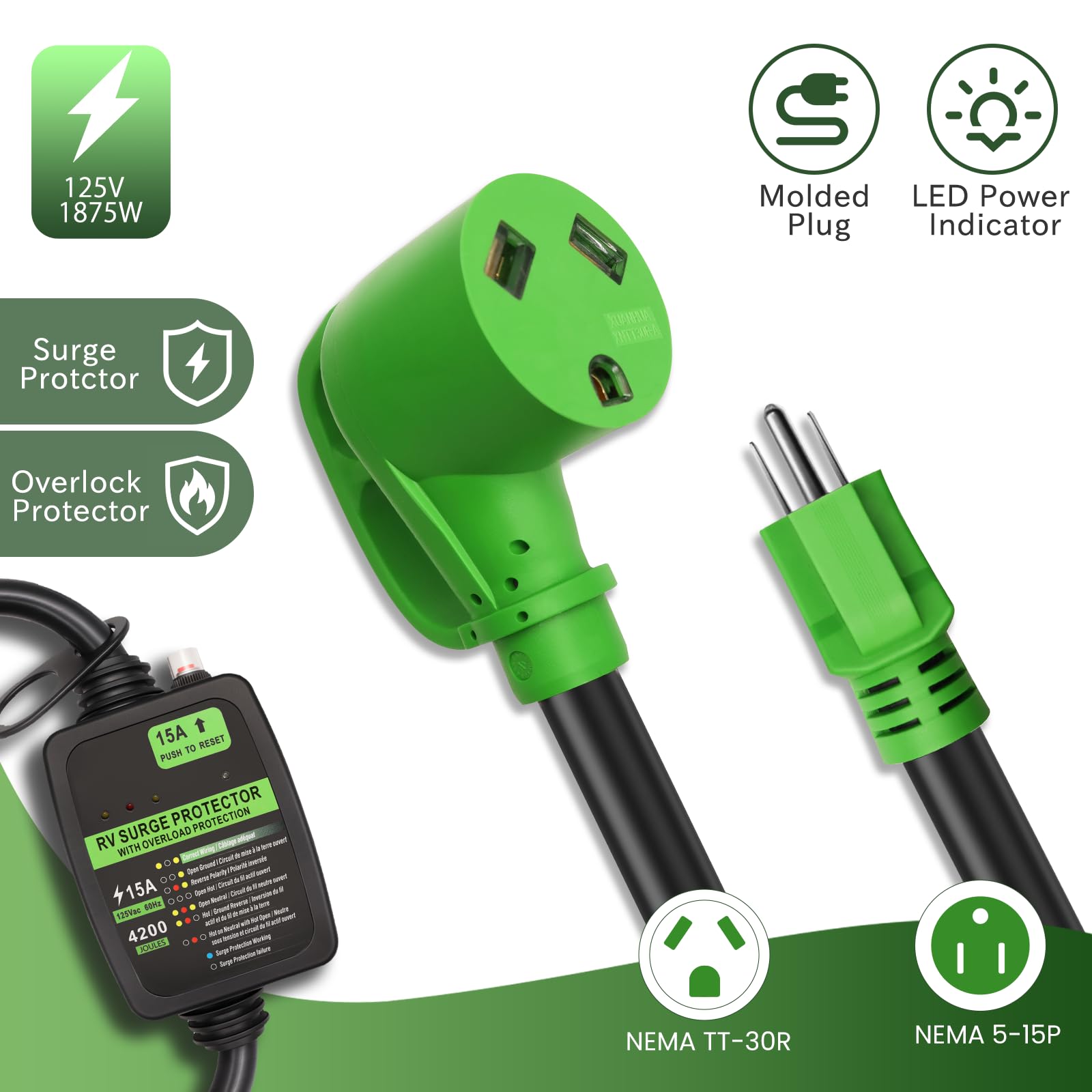 Surge Protector 15 Amp to 30 Amp 110V RV Adapter Cord with Overload Protection, 4200 Joules, LED Indicator Light, NEMA 5-15P to NEMA TT-30R, RV Circuit Analyzer, ETL Listed, Electrical Power Adapter — view 5